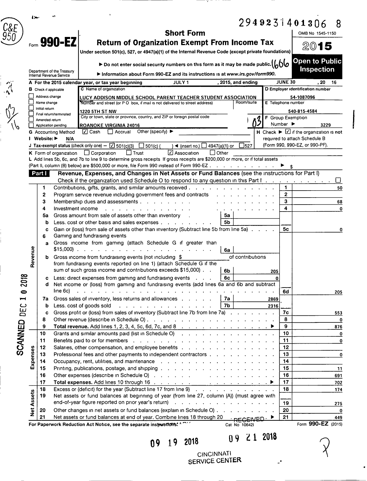 Image of first page of 2015 Form 990EZ for Virginia PTA - Lucy Addison Middle School PTA