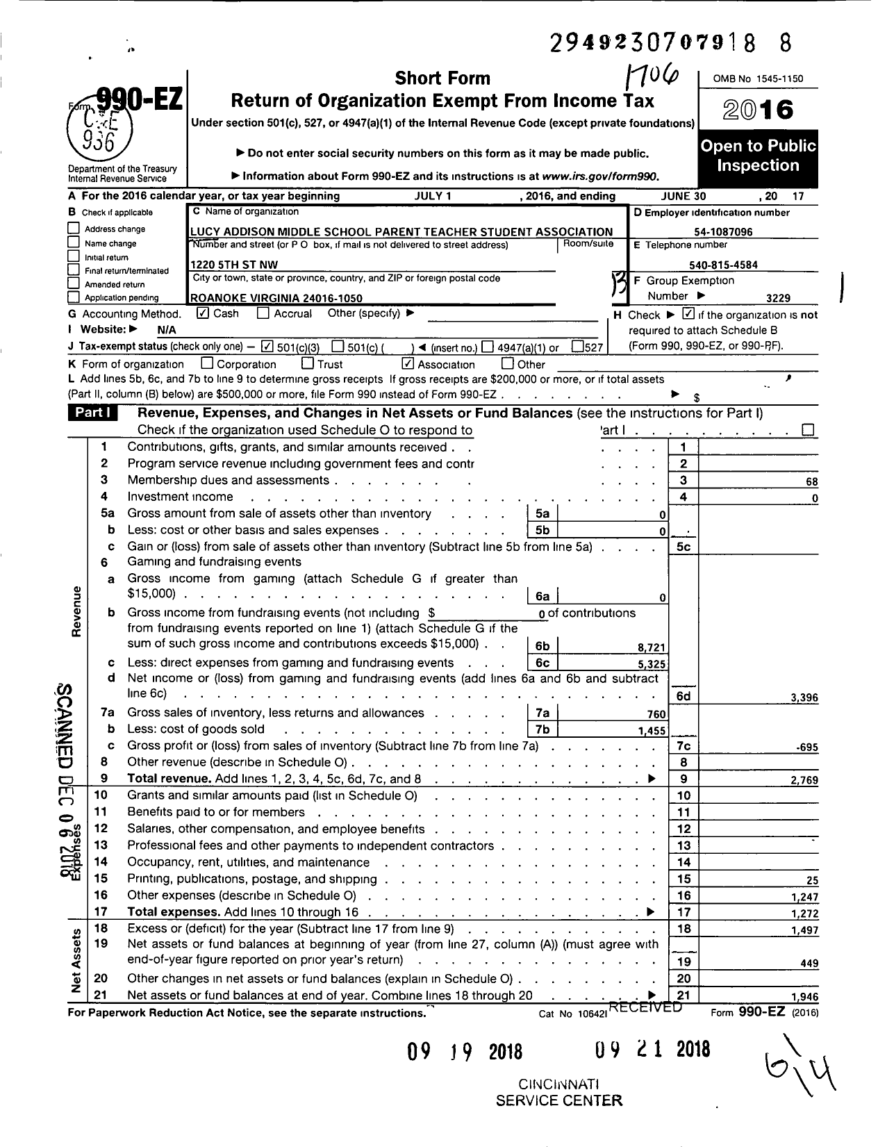 Image of first page of 2016 Form 990EZ for Virginia PTA - Lucy Addison Middle School PTA