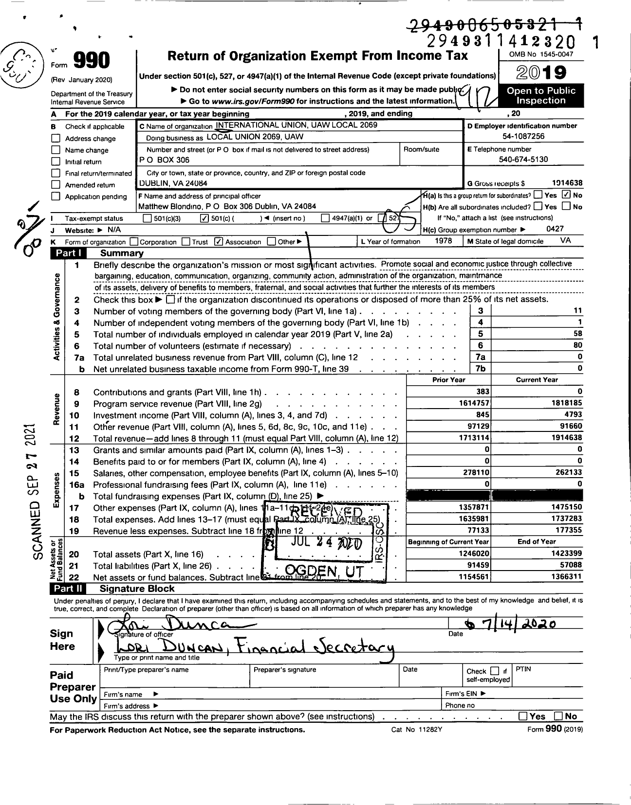 Image of first page of 2019 Form 990O for UAW - Local UNION UAW Local 2069