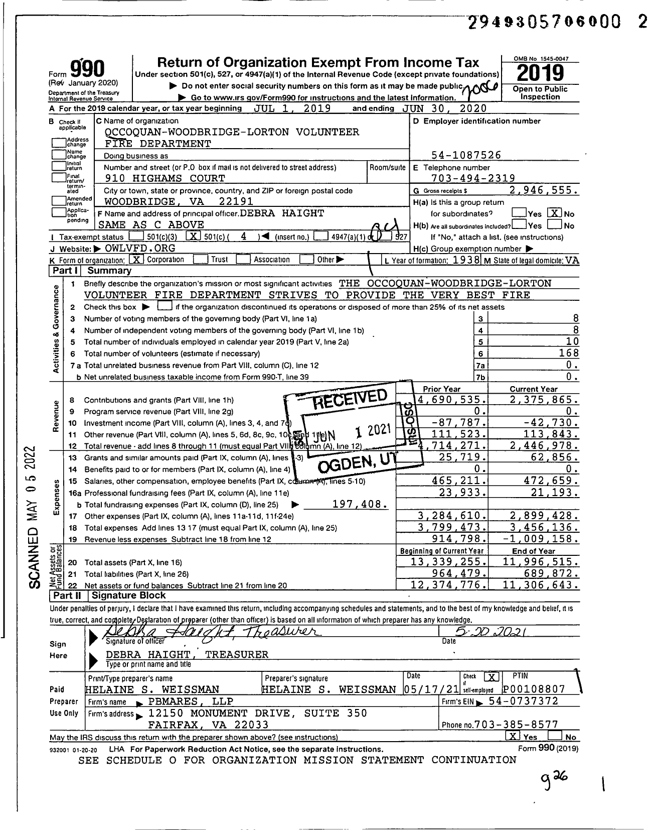 Image of first page of 2019 Form 990O for Occoquan-Woodridge-Lorton Volunteer Fire Department (OWL)