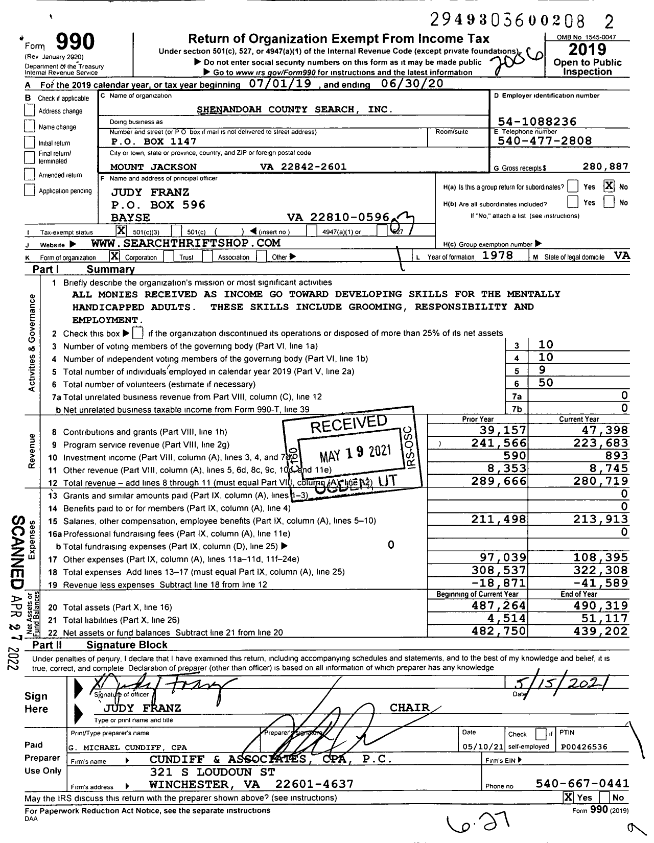 Image of first page of 2019 Form 990 for Shenandoah County Search Incorporated