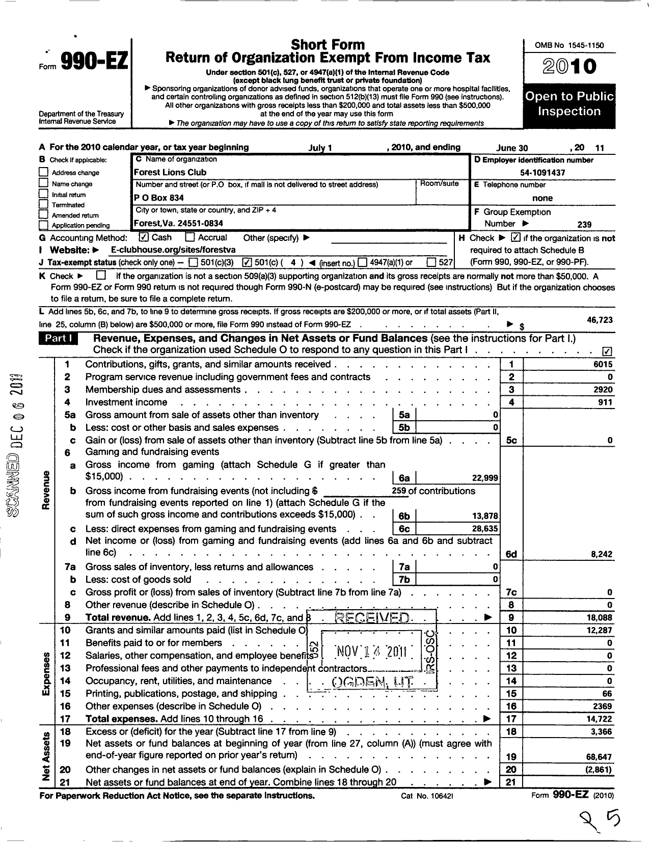 Image of first page of 2010 Form 990EO for Lions Clubs - Forest Lions Club