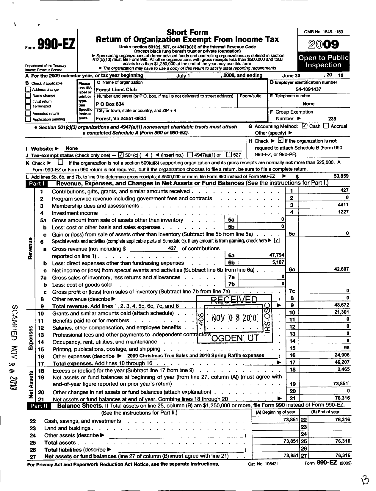 Image of first page of 2009 Form 990EO for Lions Clubs - Forest Lions Club