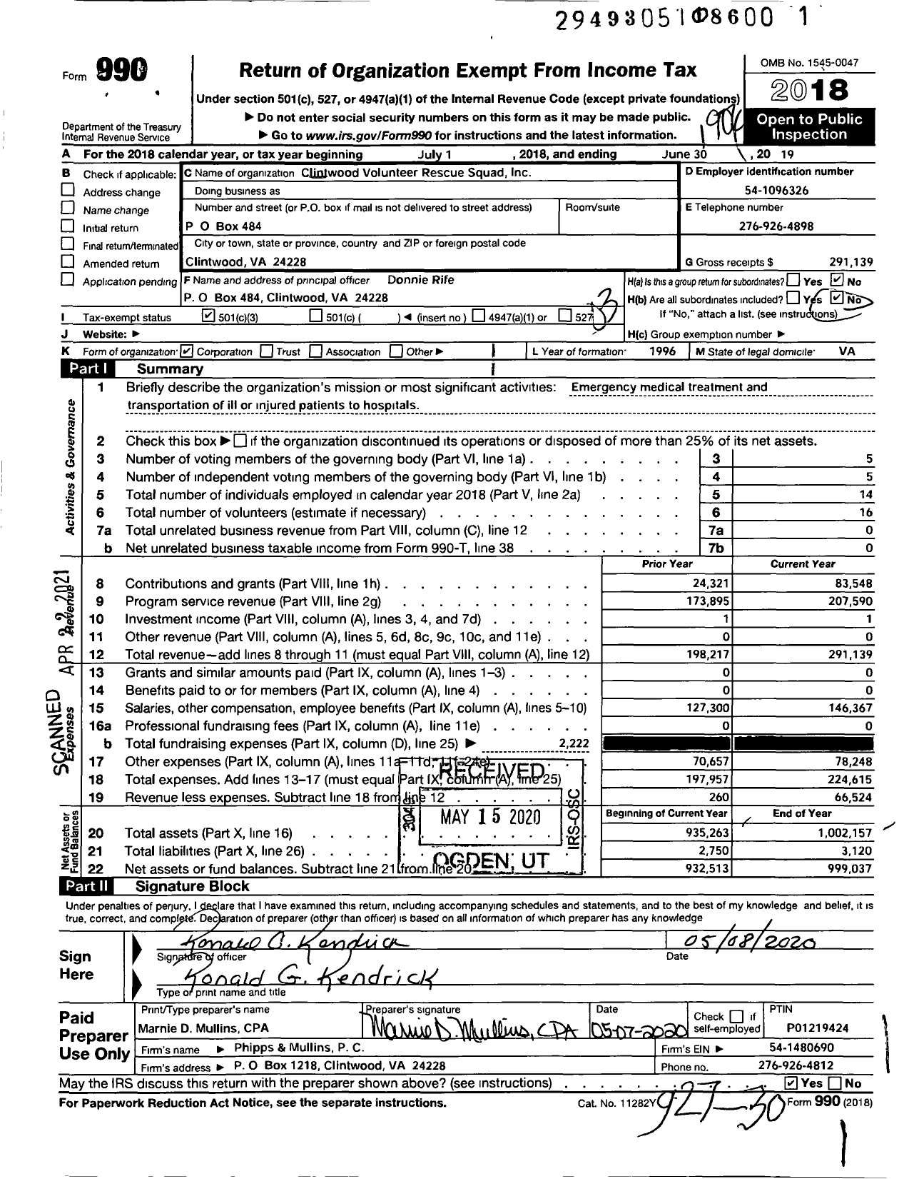 Image of first page of 2018 Form 990 for Clintwood Volunteer Rescue Squad