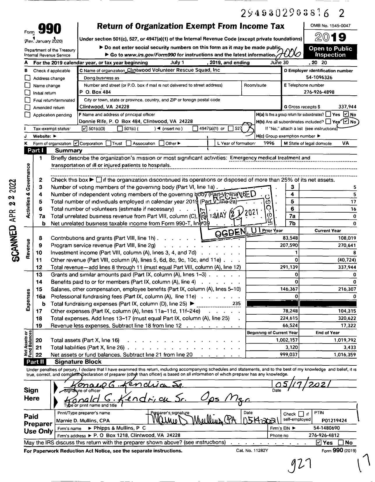 Image of first page of 2019 Form 990 for Clintwood Volunteer Rescue Squad