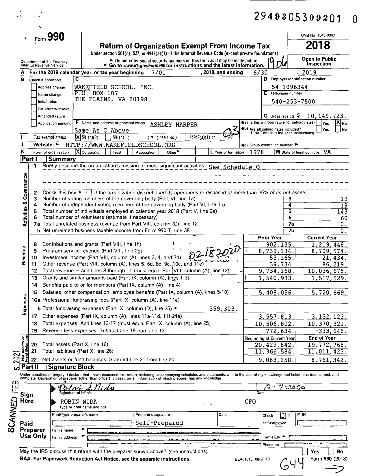 Image of first page of 2018 Form 990 for Wakefield School