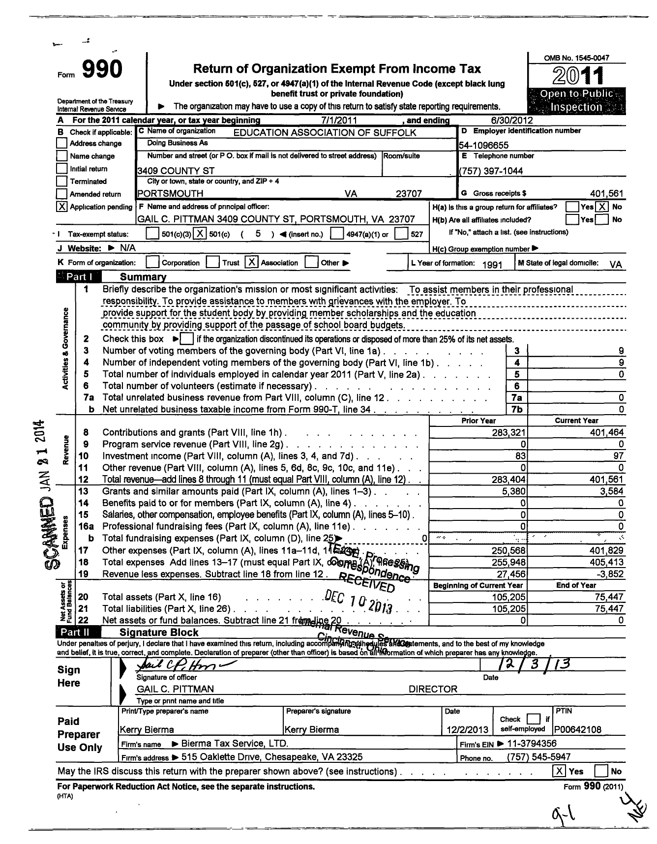 Image of first page of 2011 Form 990O for Education Association of Suffolk