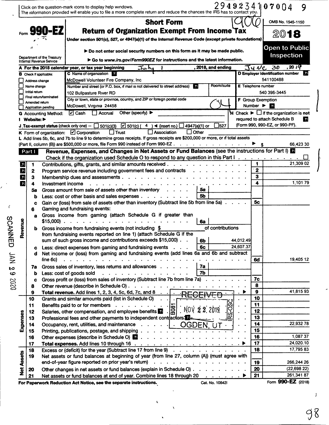 Image of first page of 2018 Form 990EO for Mcdowell Volunteer Fire Company