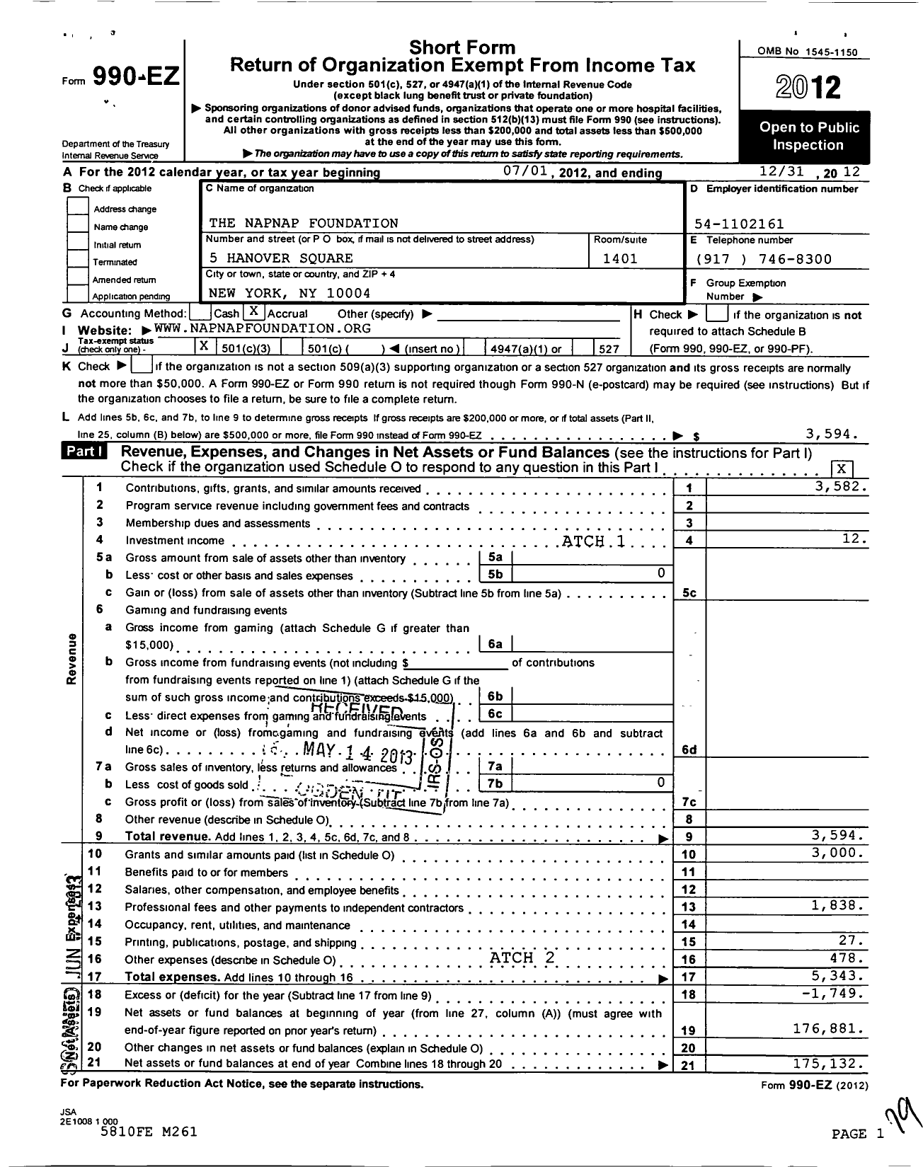 Image of first page of 2012 Form 990EZ for Napnap Foundation