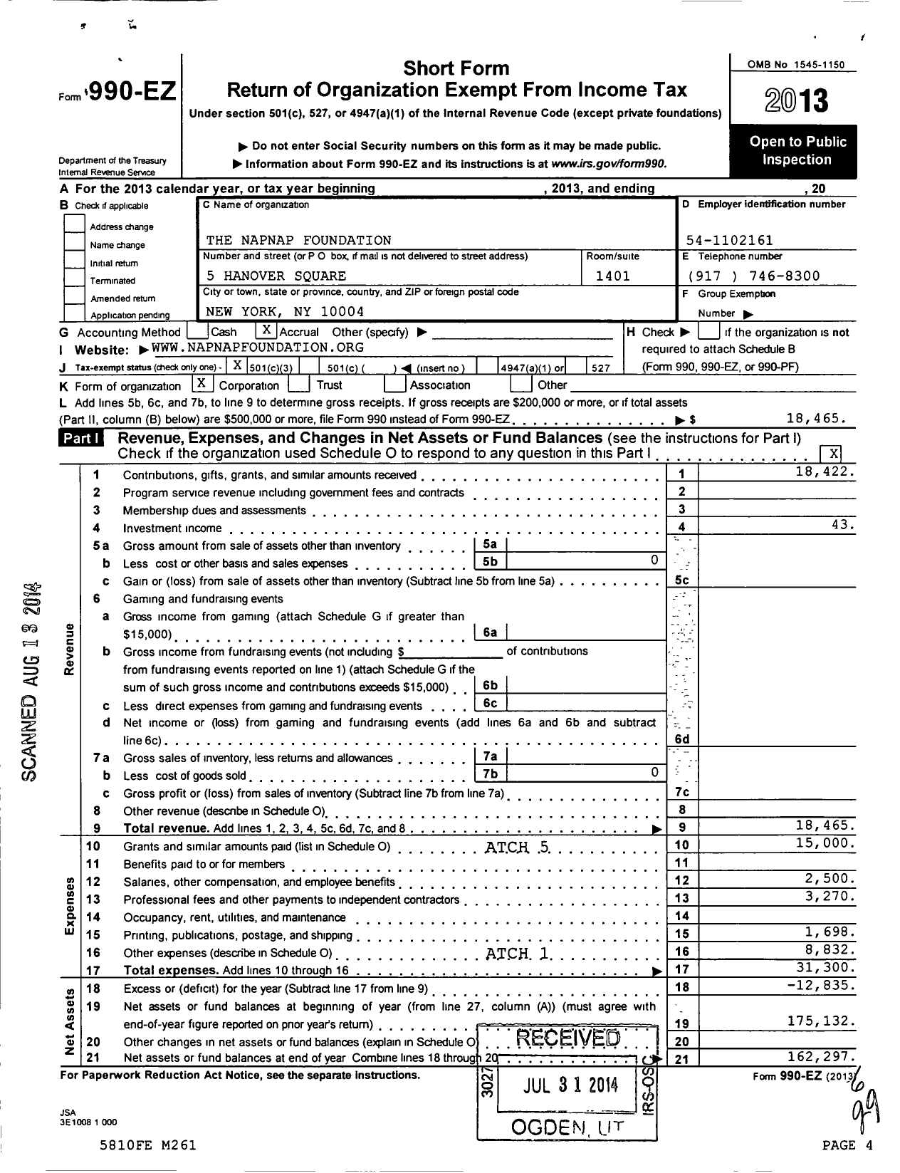 Image of first page of 2013 Form 990EZ for Napnap Foundation