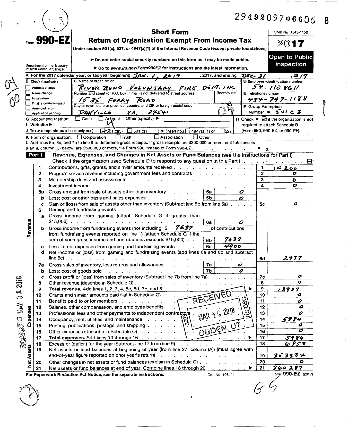 Image of first page of 2017 Form 990EO for River Bend Volunteer Fire Department