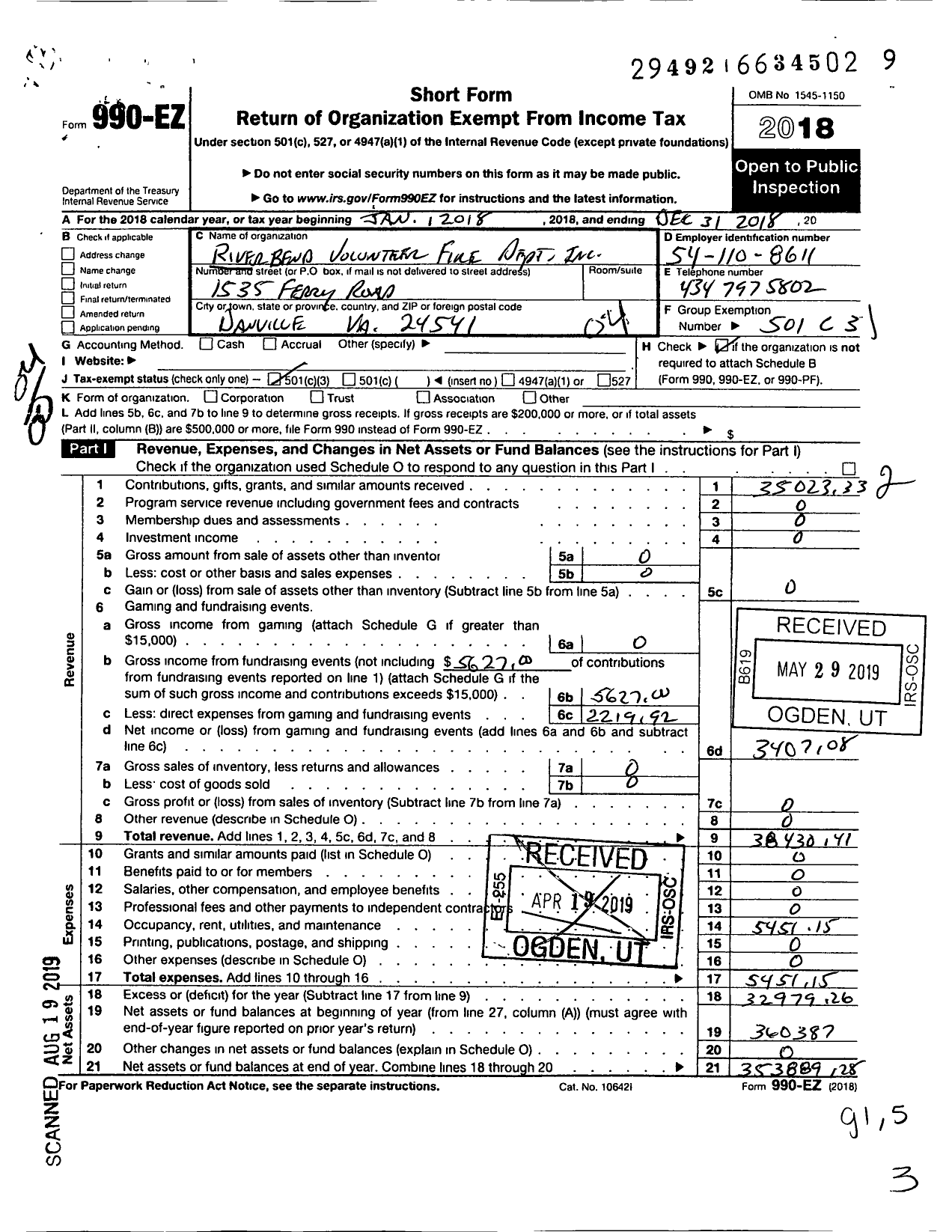 Image of first page of 2018 Form 990EO for River Bend Volunteer Fire Department