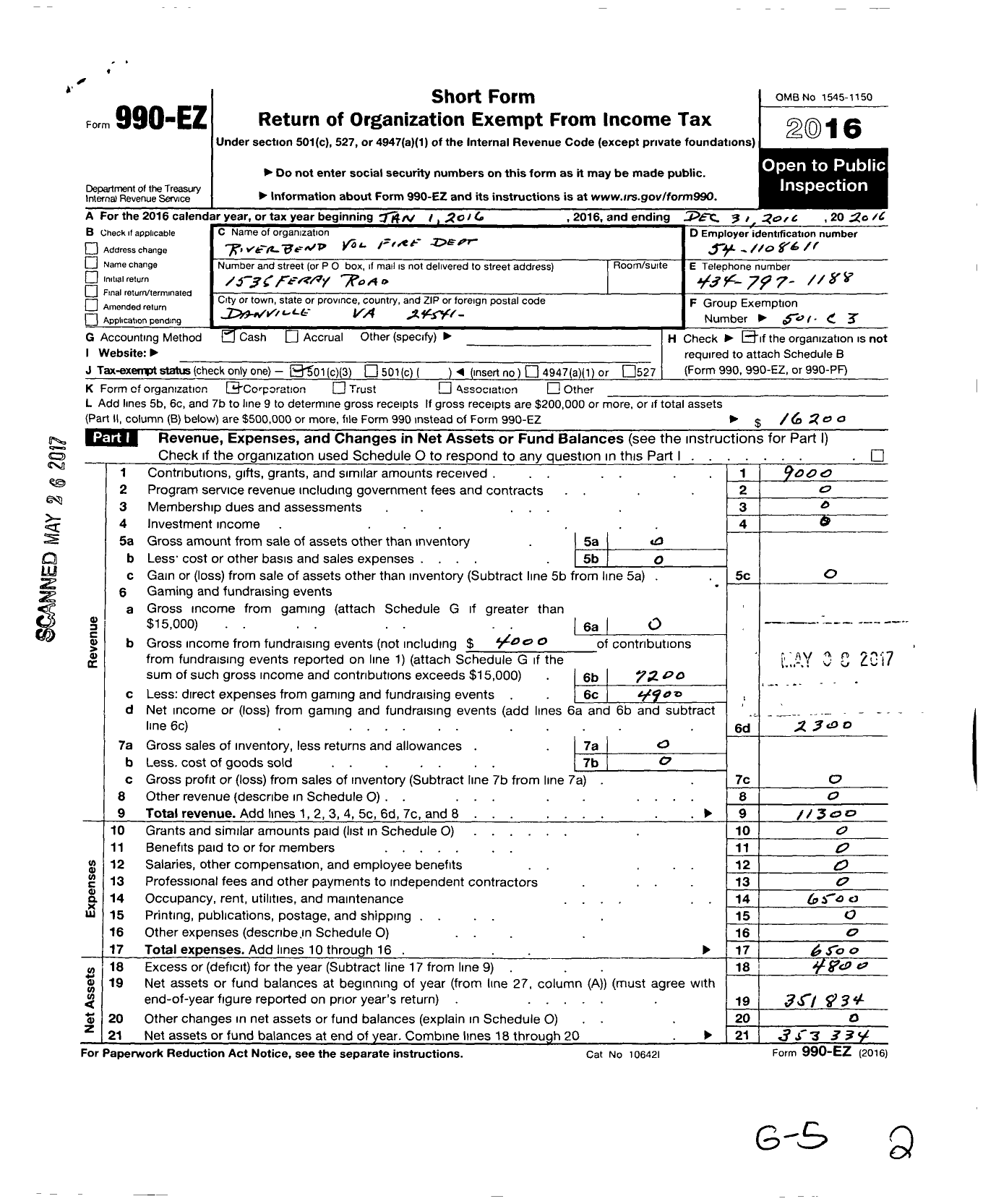 Image of first page of 2016 Form 990EZ for River Bend Volunteer Fire Department