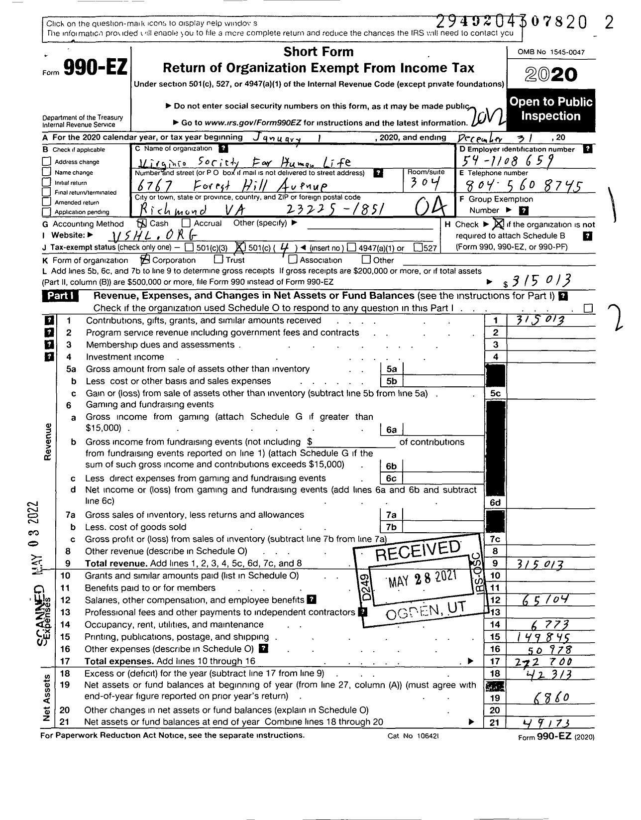 Image of first page of 2020 Form 990EO for Virginia Society for Human Life