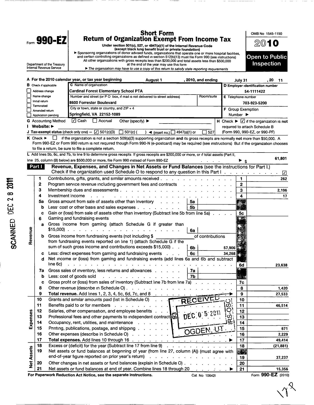Image of first page of 2010 Form 990EZ for Virginia PTA - Cardinal Forest Elem PTA