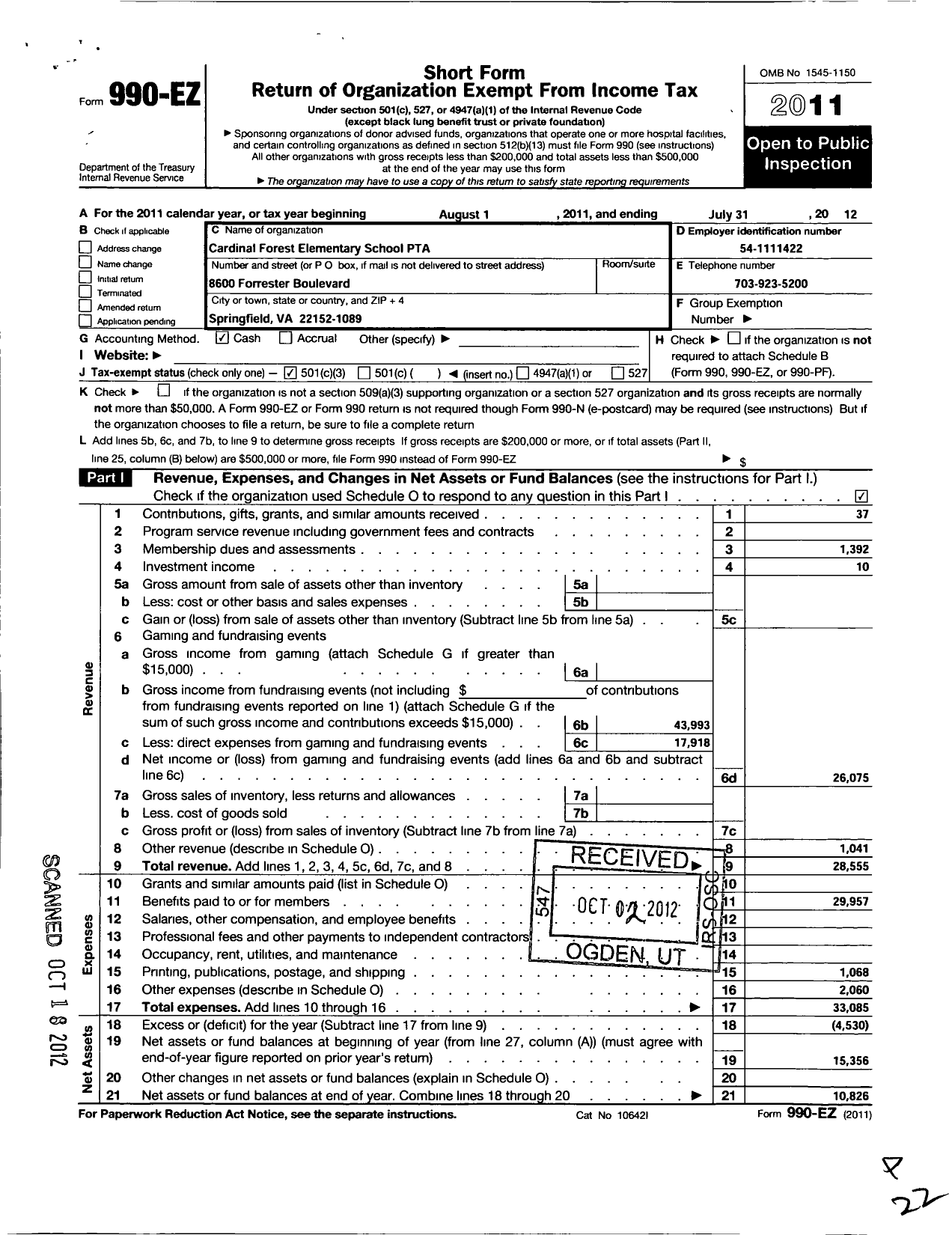 Image of first page of 2011 Form 990EZ for Virginia PTA - Cardinal Forest Elem PTA