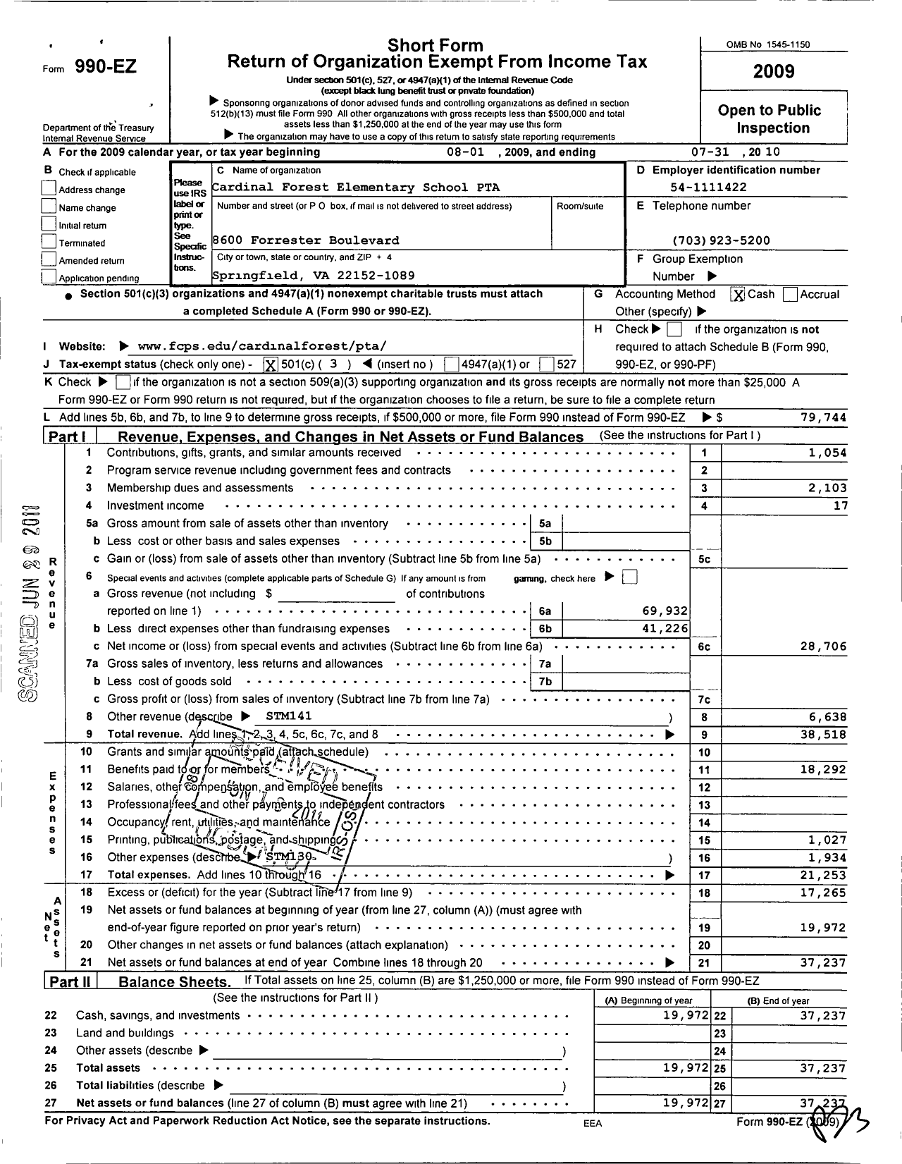 Image of first page of 2009 Form 990EZ for Virginia PTA - Cardinal Forest Elem PTA