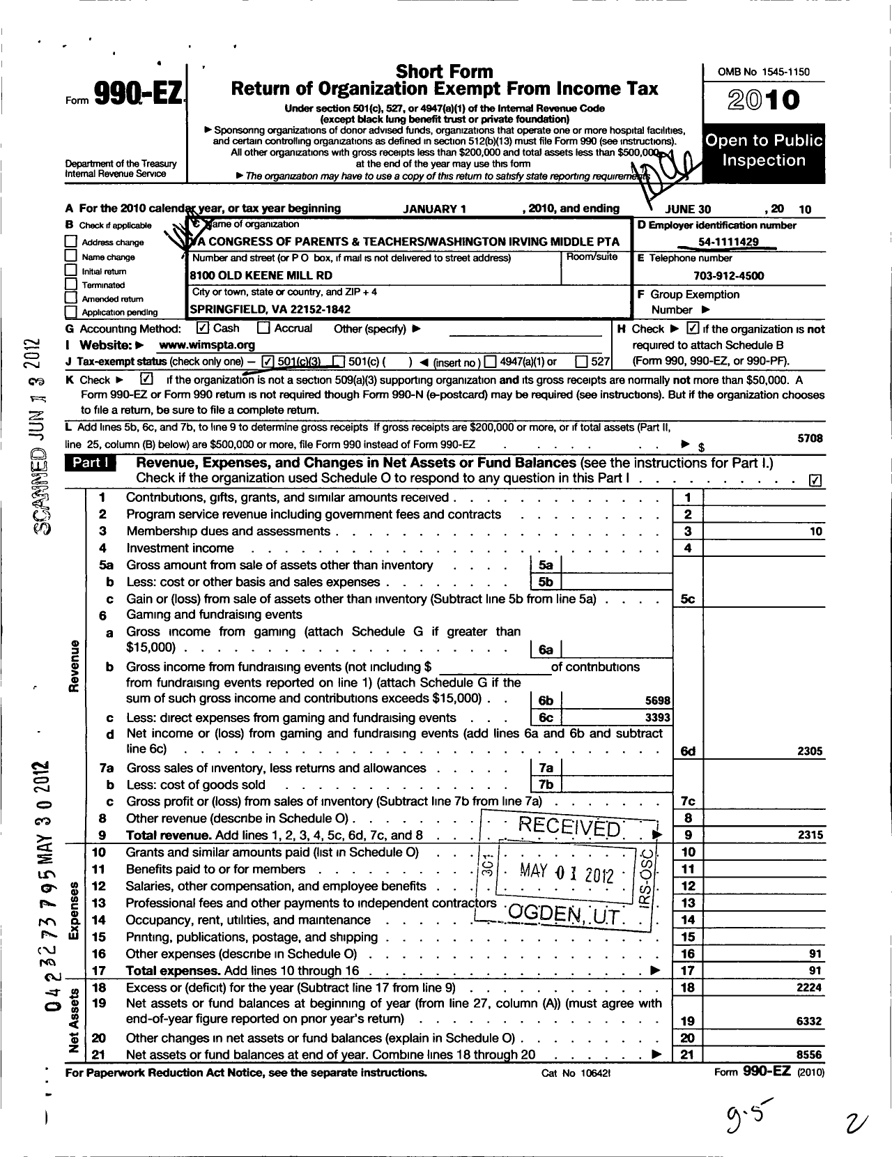 Image of first page of 2009 Form 990EZ for Virginia PTA - Washington Irving Middle PTA