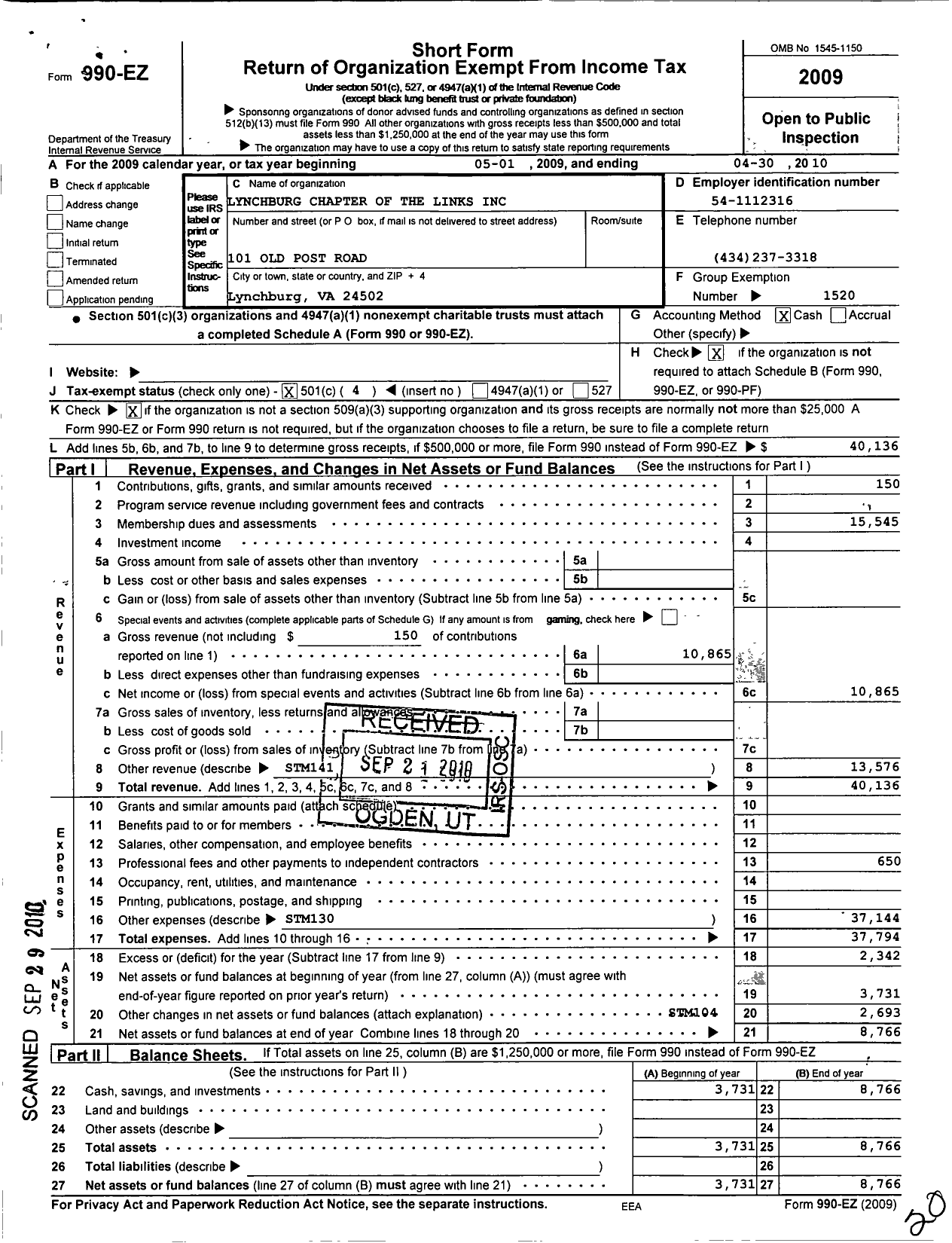 Image of first page of 2009 Form 990EO for Links / Lynchburg Chapter