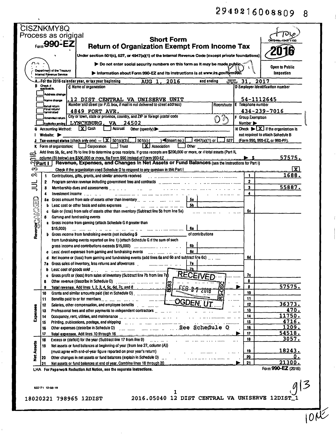 Image of first page of 2016 Form 990EZ for Central Va Uniserve Unit