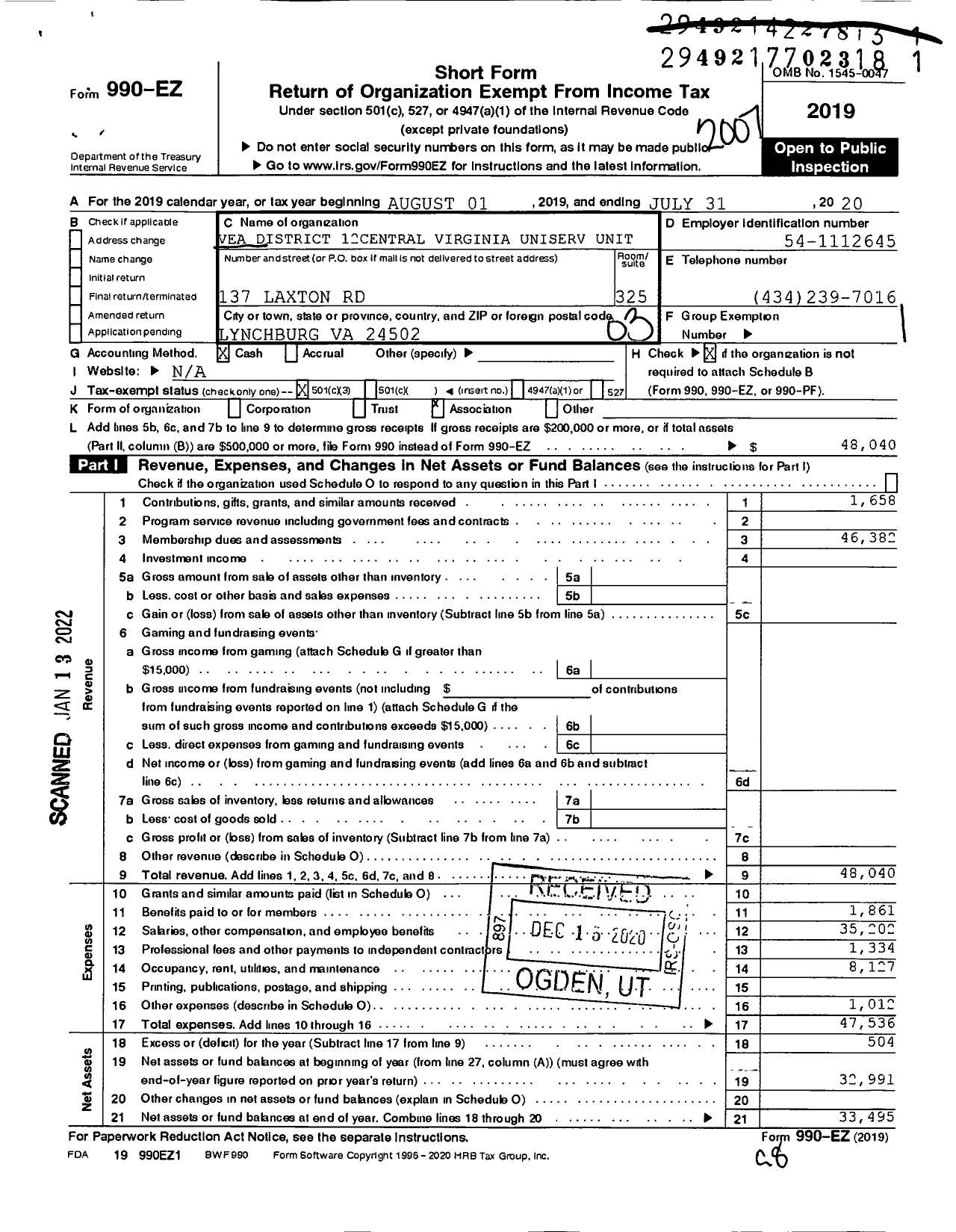 Image of first page of 2019 Form 990EZ for Central Va Uniserve Unit