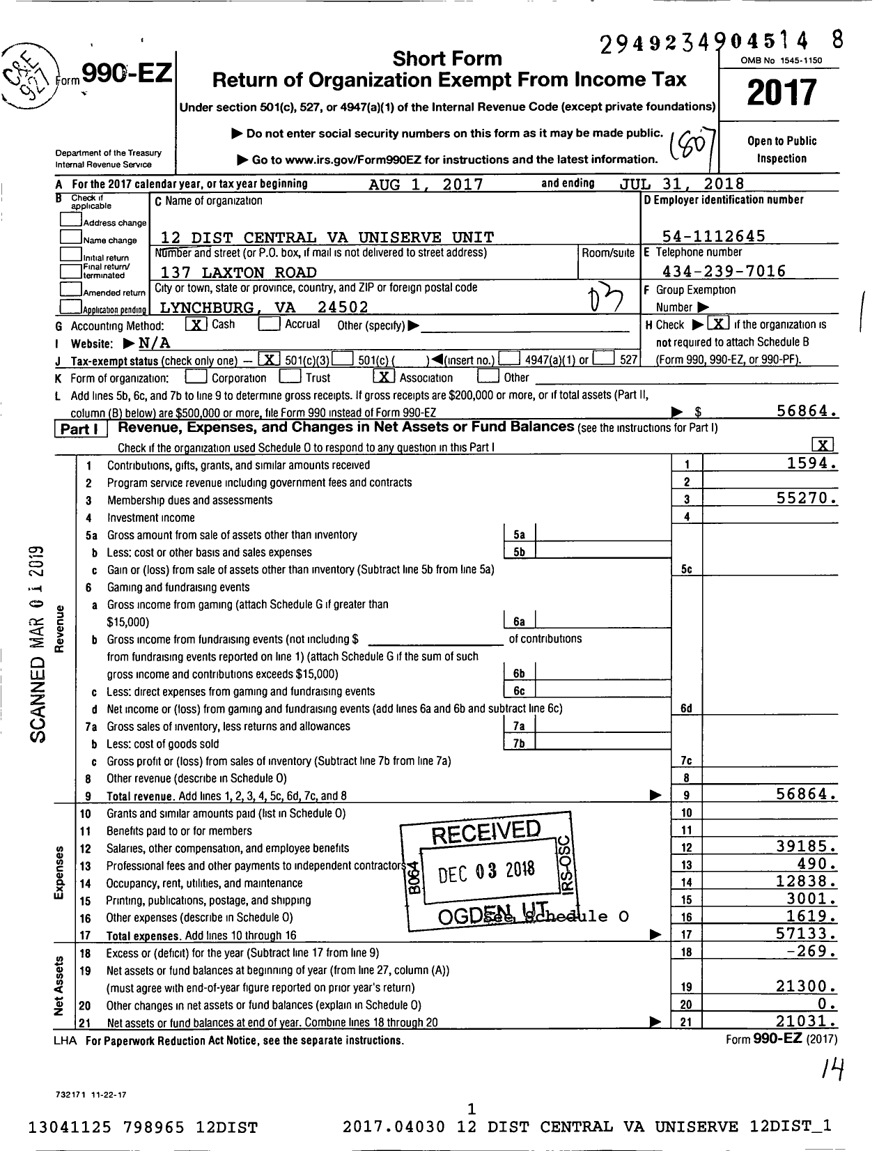 Image of first page of 2017 Form 990EZ for Central Va Uniserve Unit