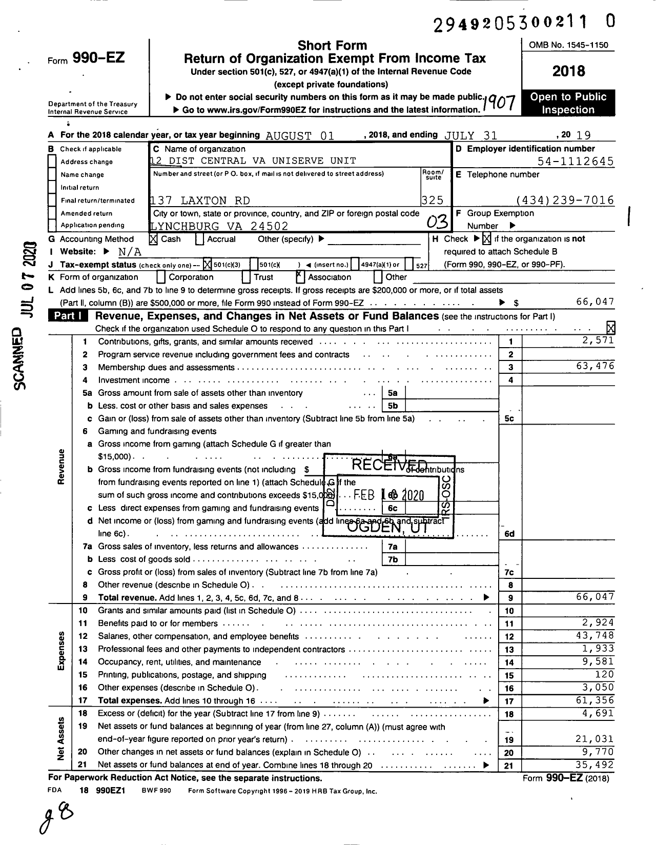 Image of first page of 2018 Form 990EZ for Central Va Uniserve Unit