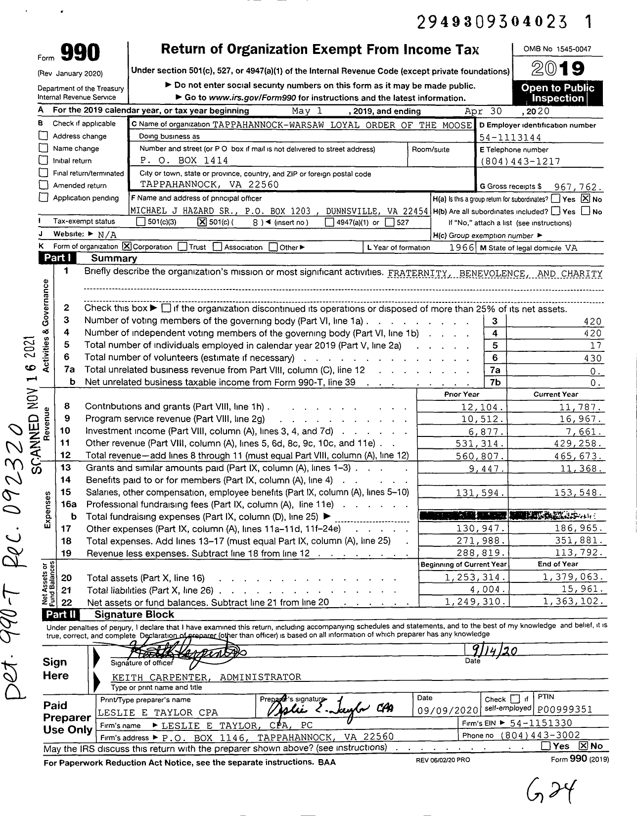 Image of first page of 2019 Form 990O for Loyal Order of Moose - 2133