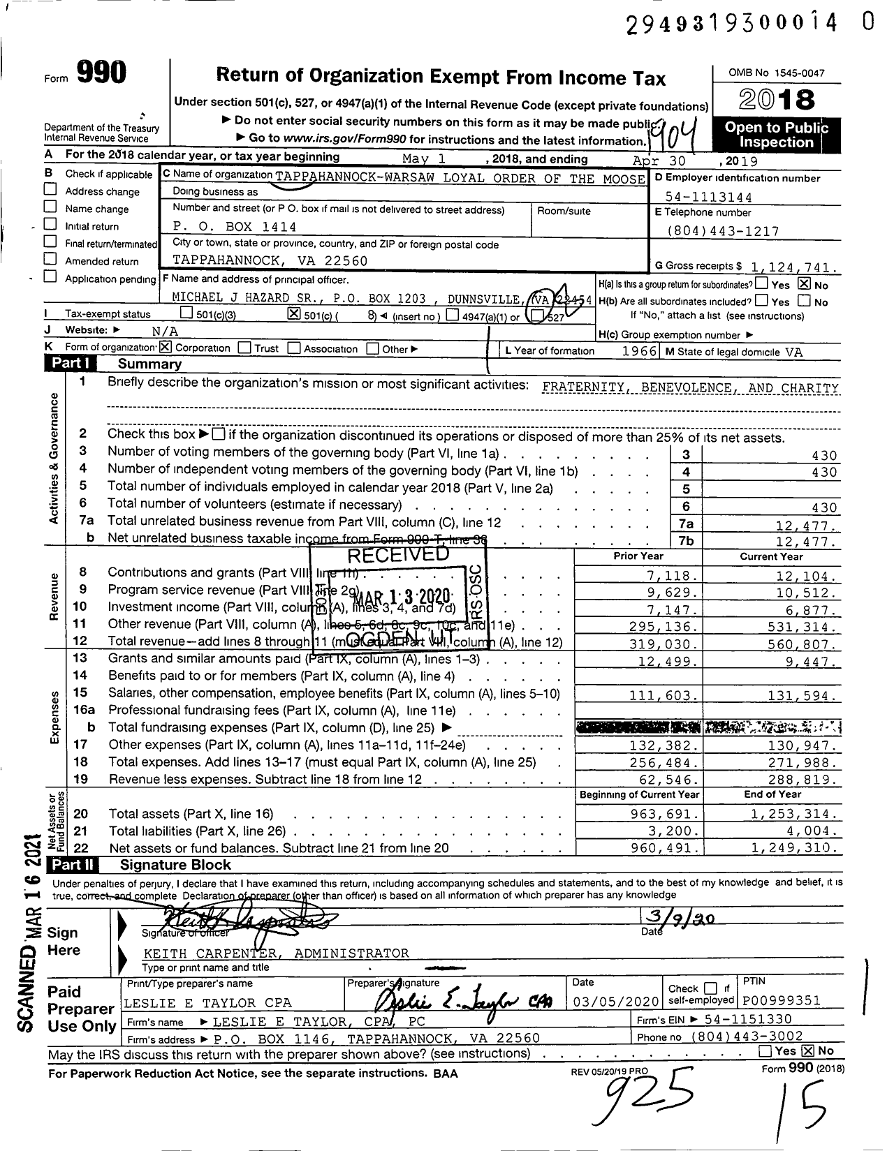 Image of first page of 2018 Form 990O for Loyal Order of Moose - 2133