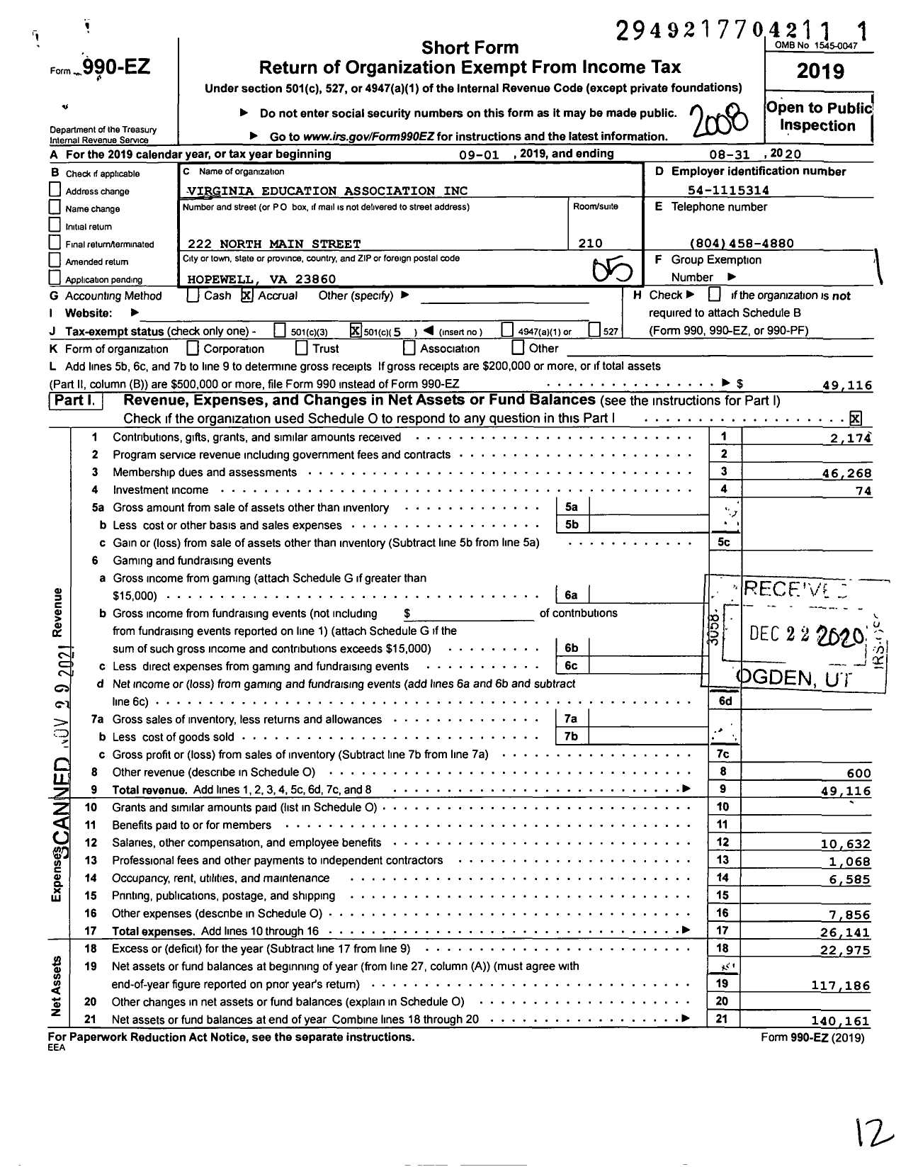 Image of first page of 2019 Form 990EO for Virginia Education Association
