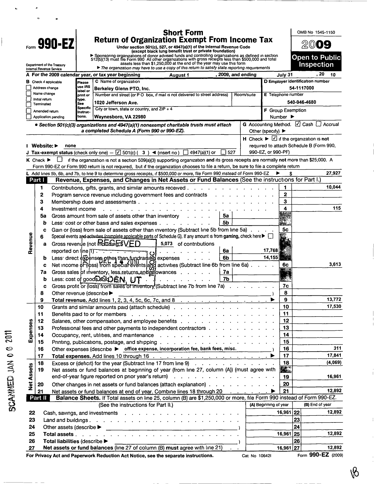 Image of first page of 2009 Form 990EZ for Berkeley Glenn Pto