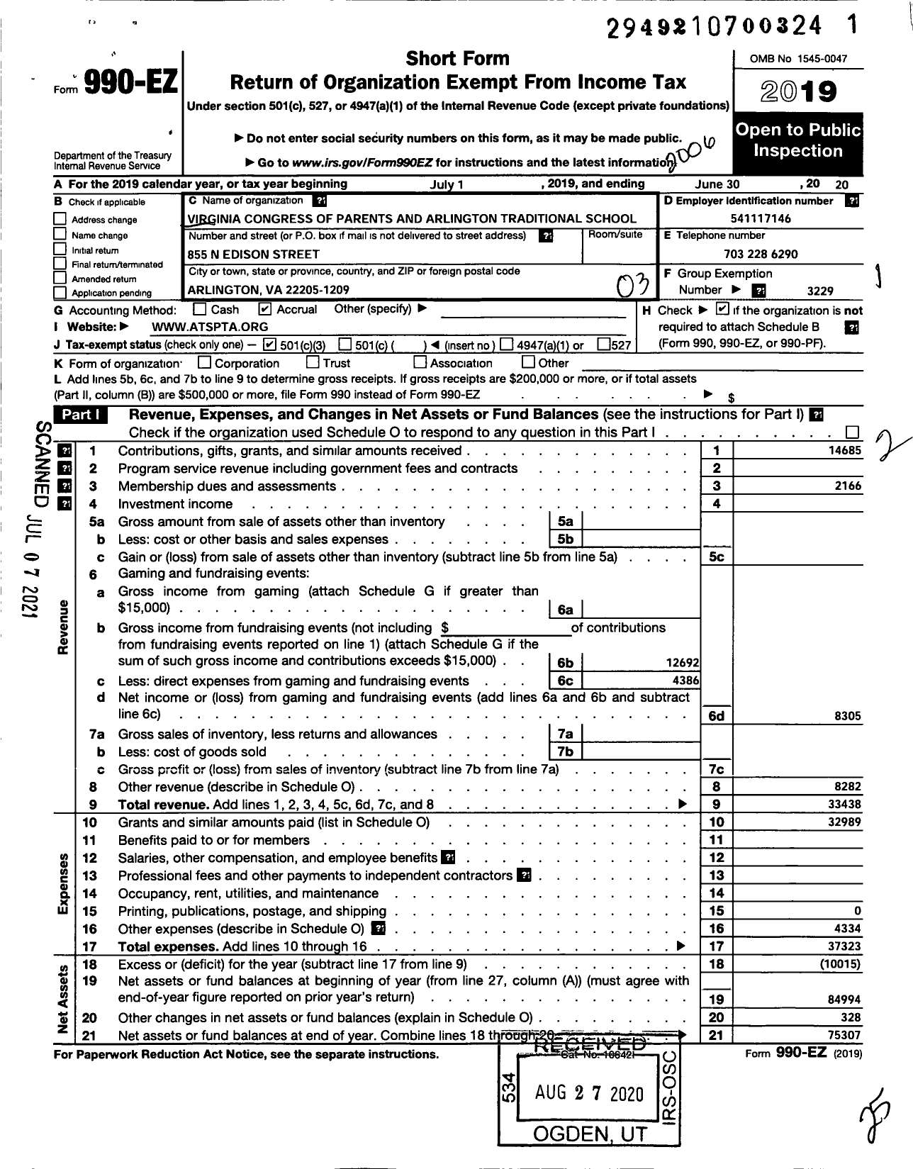 Image of first page of 2019 Form 990EZ for Virginia PTA - Arlington Traditional Elem PTA