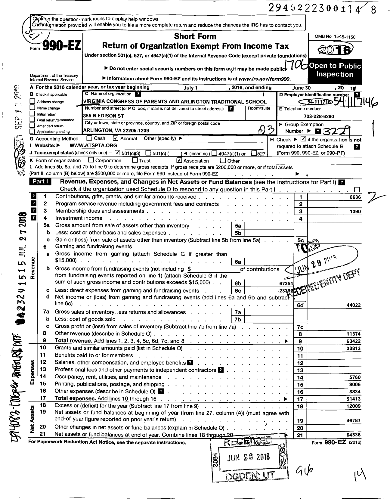 Image of first page of 2016 Form 990EZ for Virginia PTA - Arlington Traditional Elem PTA