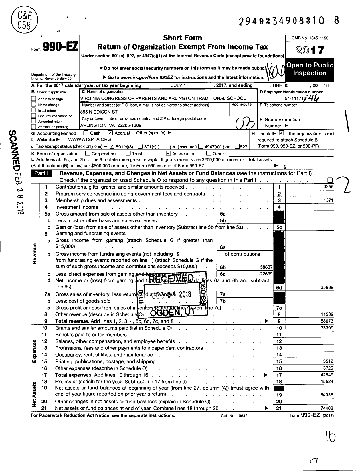 Image of first page of 2017 Form 990EZ for Virginia PTA - Arlington Traditional Elem PTA