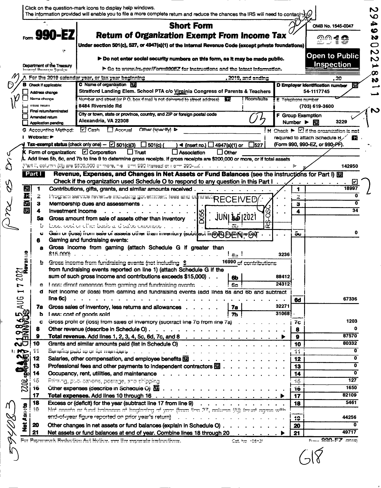 Image of first page of 2019 Form 990EZ for Virginia PTA - Stratford Landing Elem School PTA