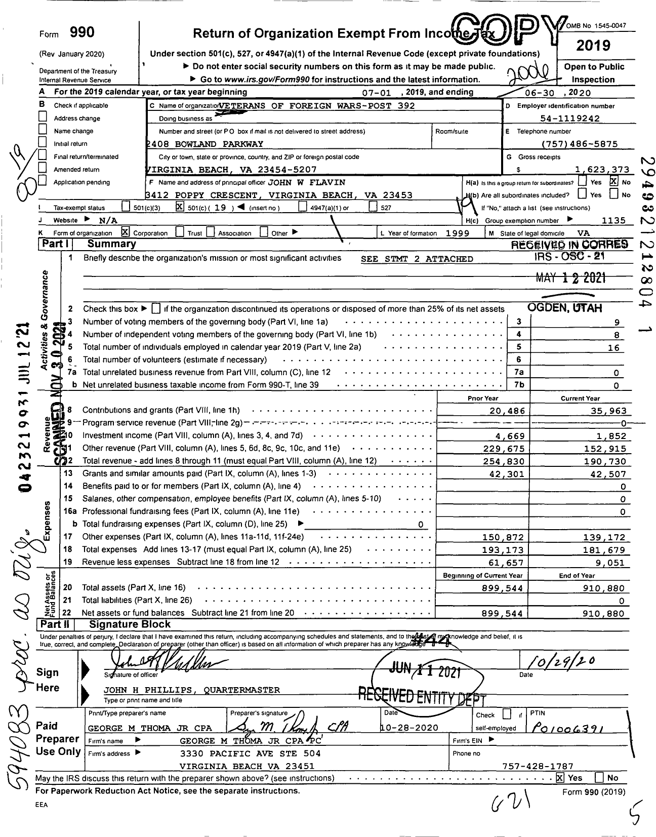 Image of first page of 2019 Form 990O for VFW Virginia - 392 Gen Douglas Macarthur Mem Post