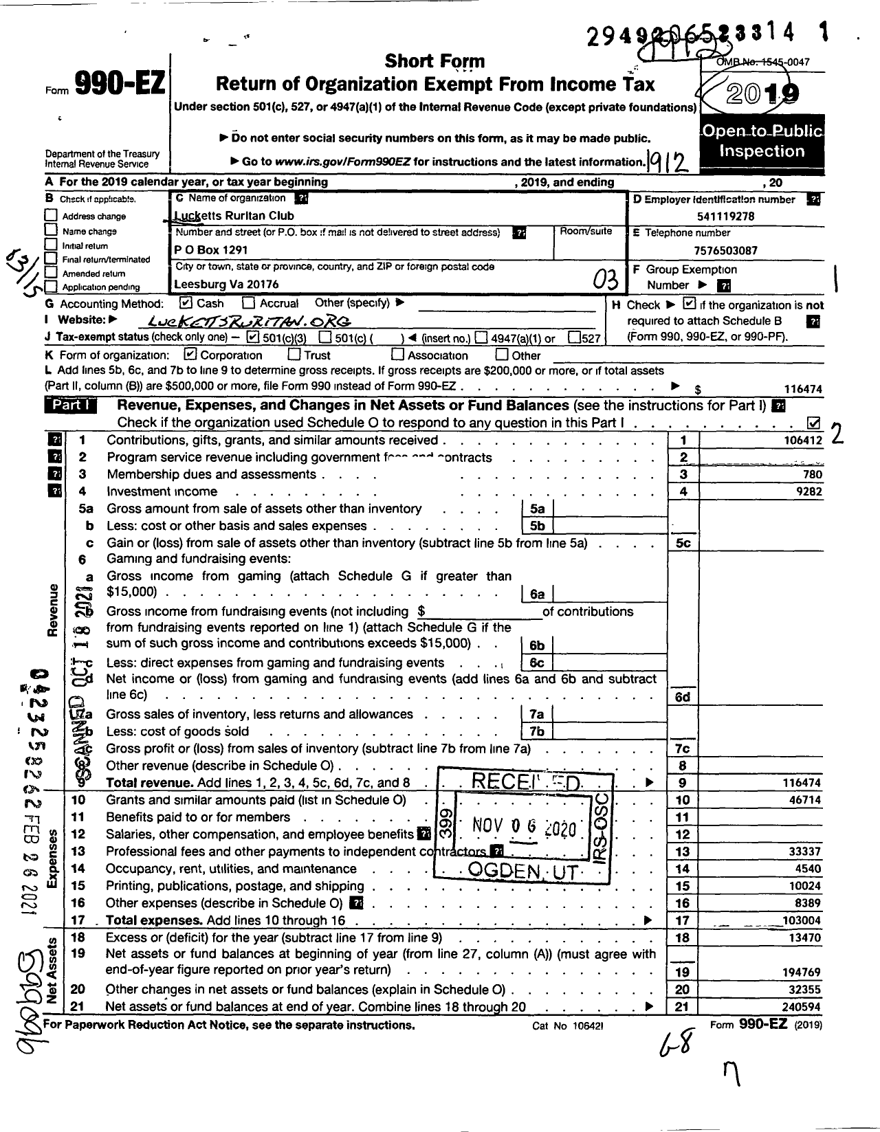 Image of first page of 2019 Form 990EZ for Lucketts Ruritan Club