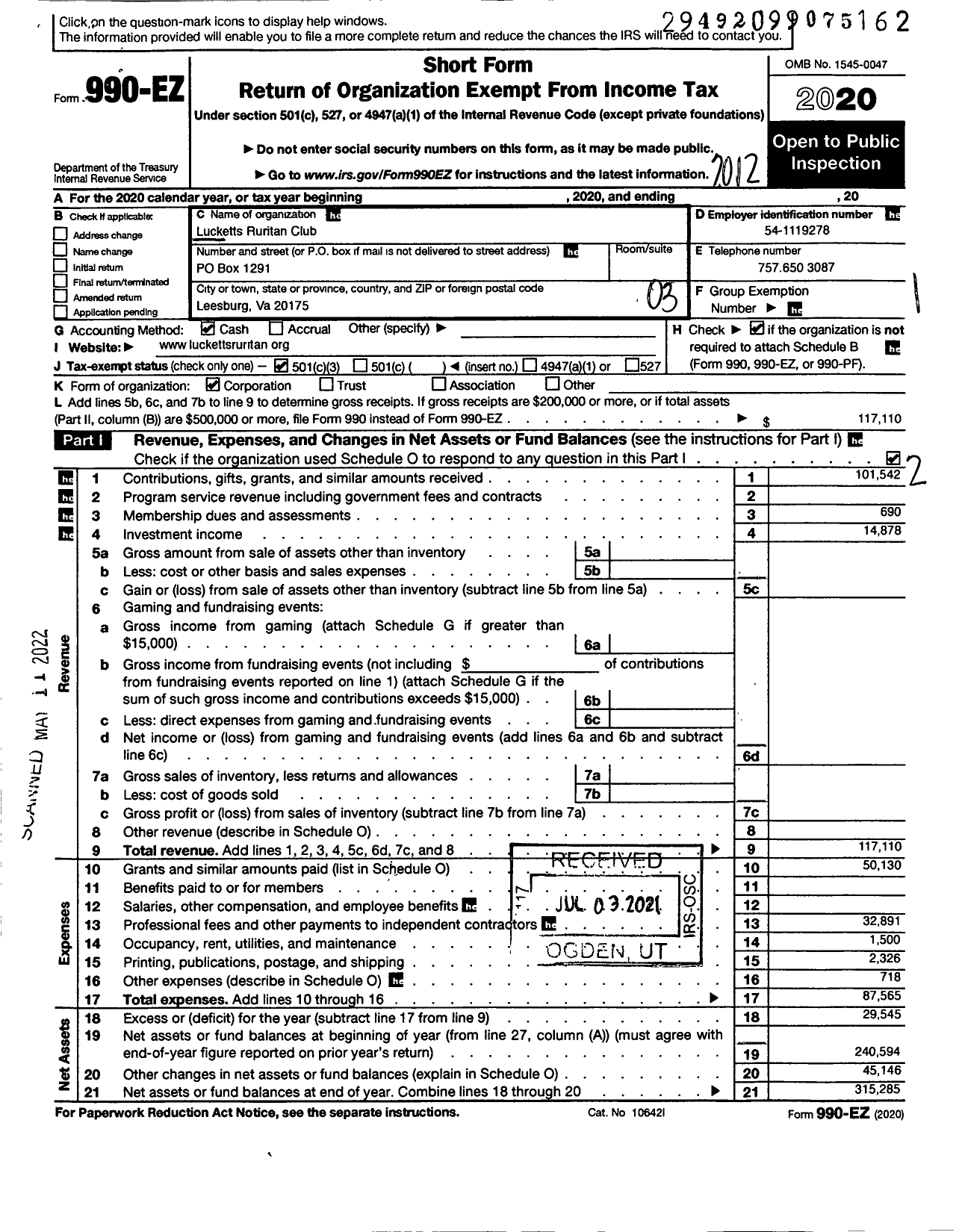 Image of first page of 2020 Form 990EZ for Lucketts Ruritan Club