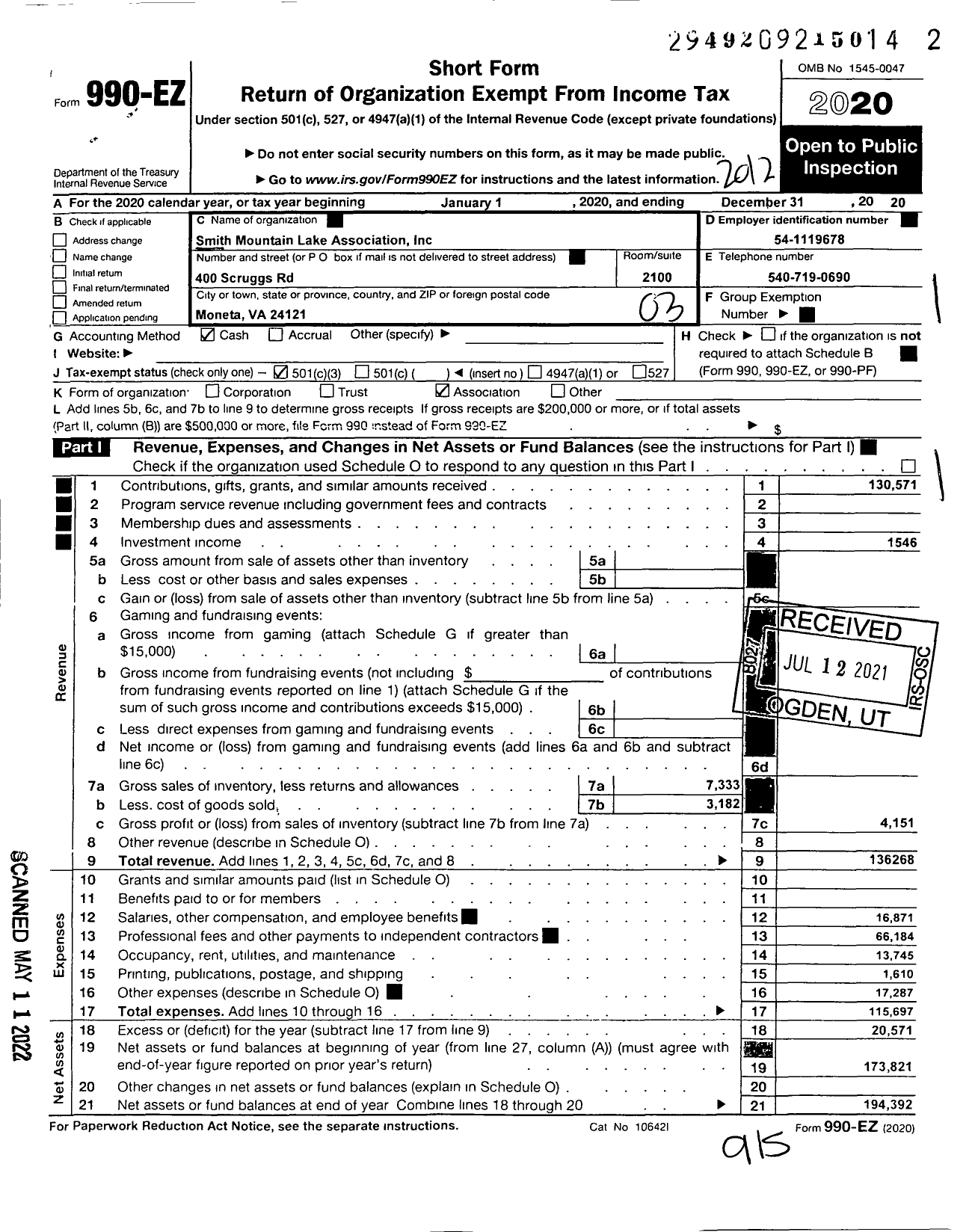 Image of first page of 2020 Form 990EZ for Smith Mountain Lake Association