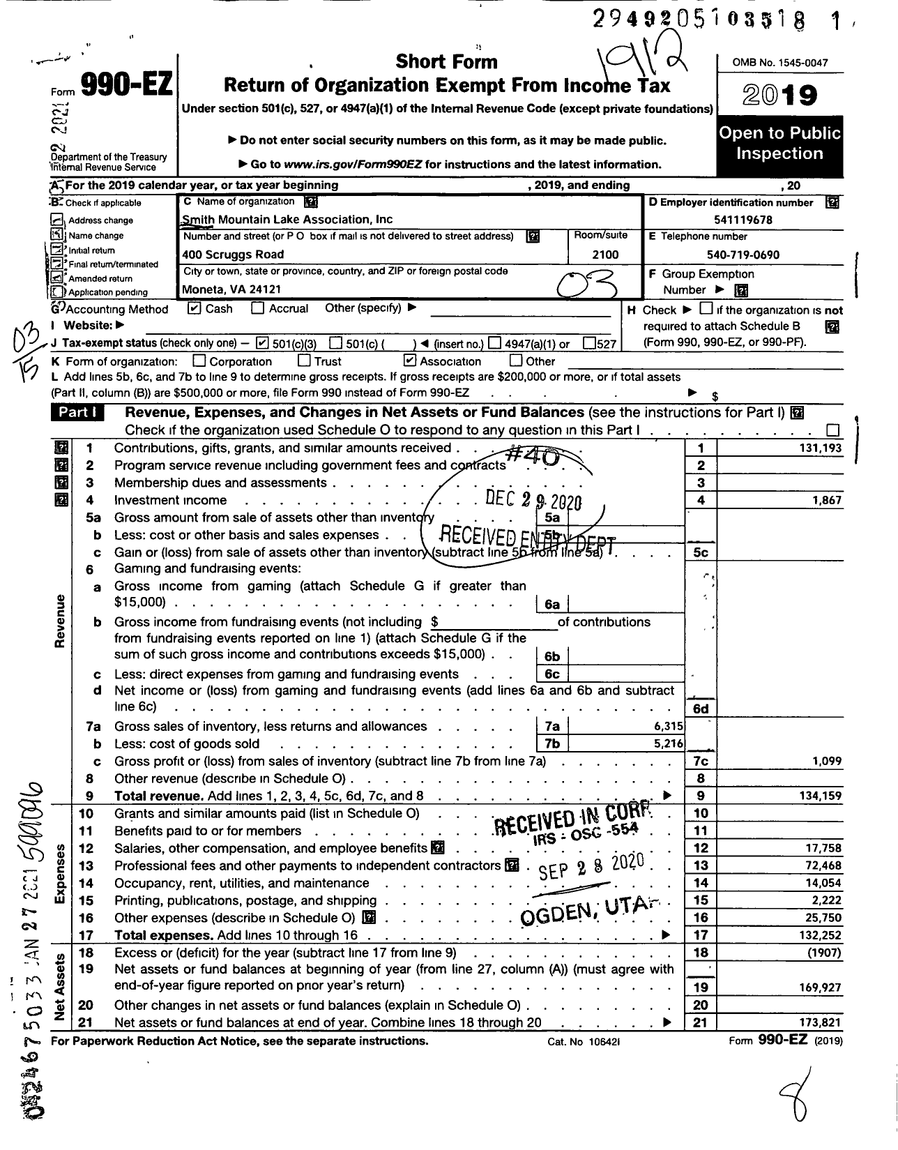 Image of first page of 2019 Form 990EZ for Smith Mountain Lake Association