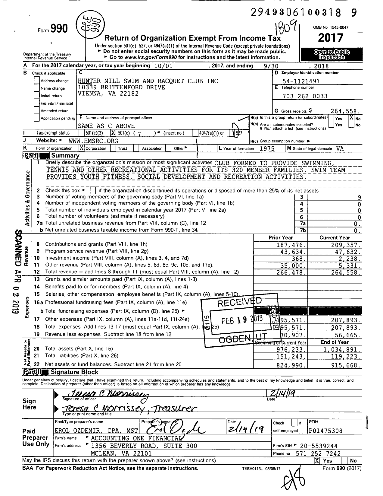 Image of first page of 2017 Form 990O for Hunter Mill Swim and Racquet Club