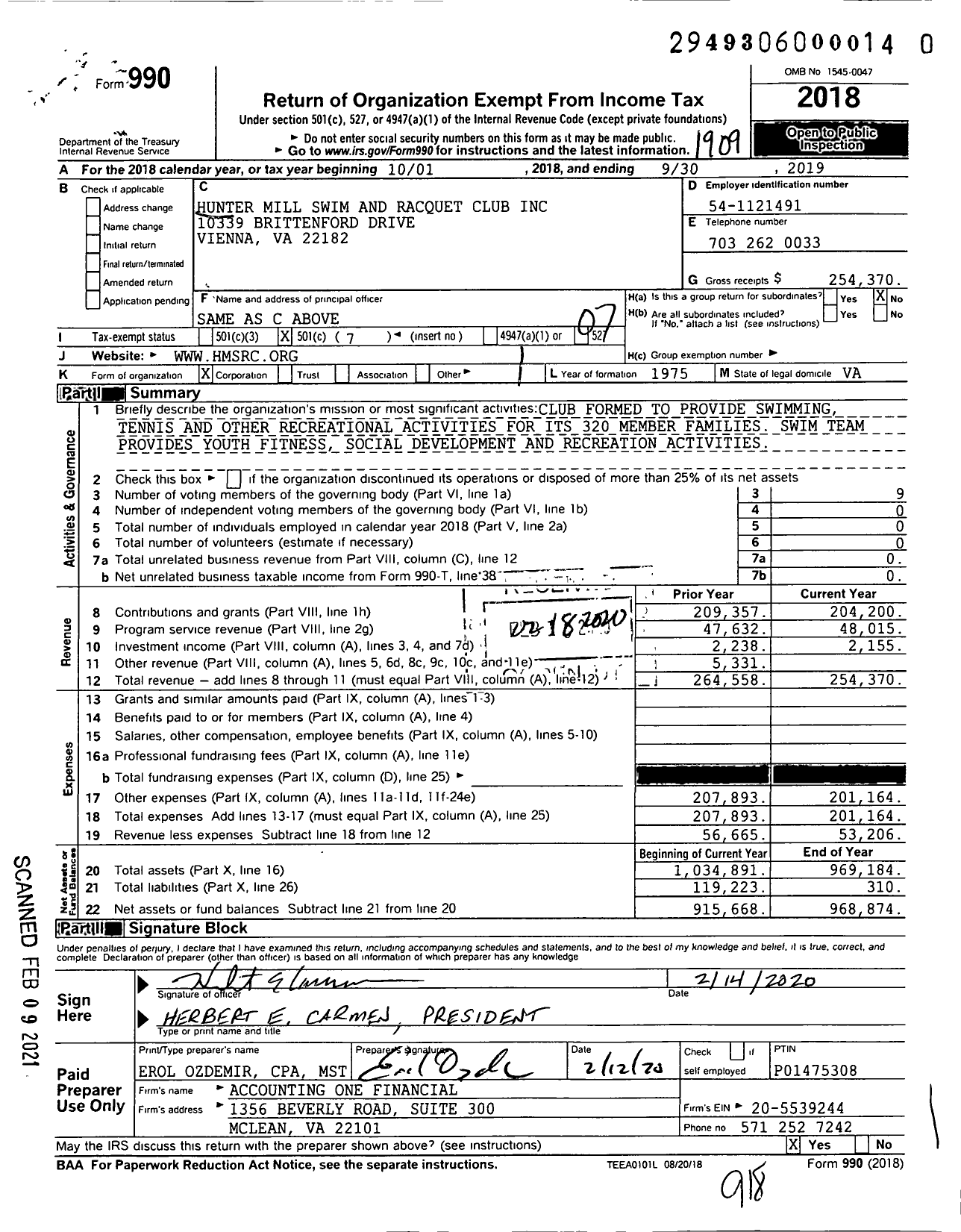 Image of first page of 2018 Form 990O for Hunter Mill Swim and Racquet Club