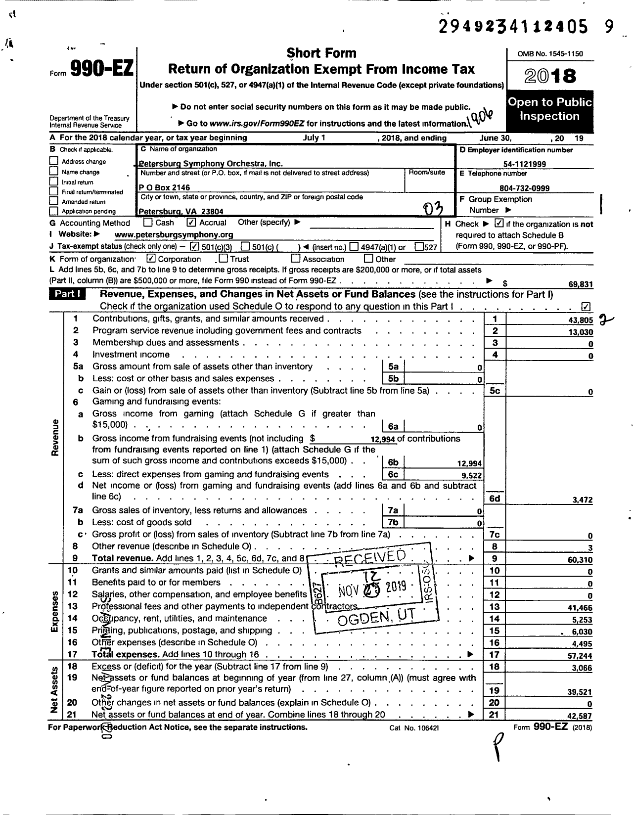 Image of first page of 2018 Form 990EZ for Petersburg Symphony Orchestra