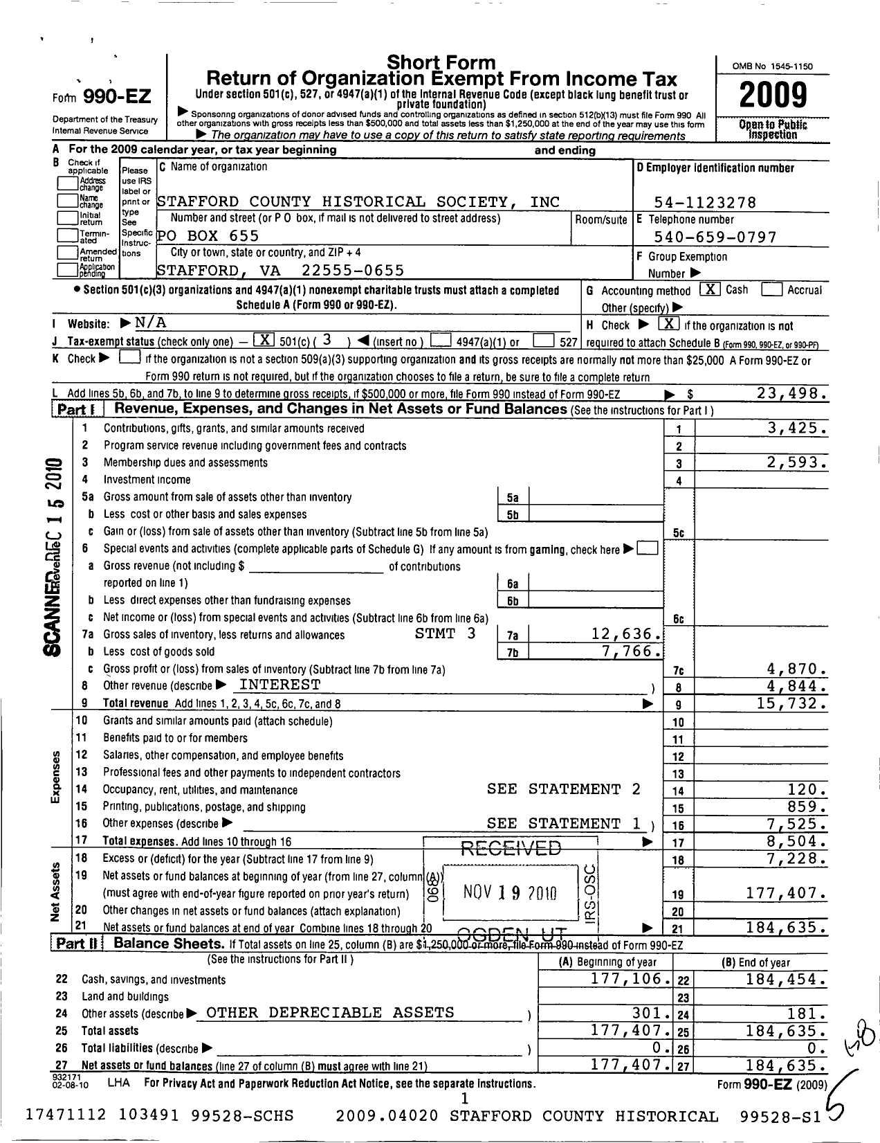 Image of first page of 2009 Form 990EZ for Stafford County Historical Society Incorporated