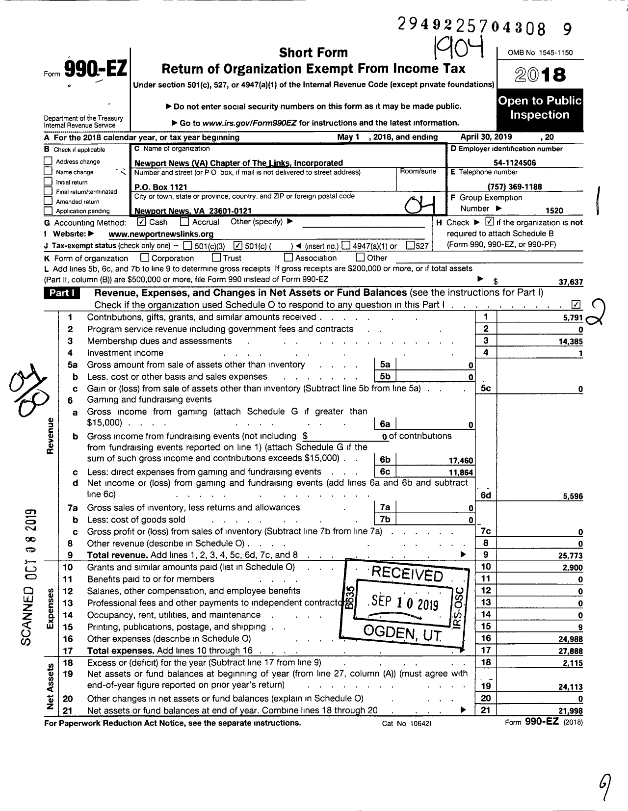 Image of first page of 2018 Form 990EO for Links Incorporated / Newport News Chapter