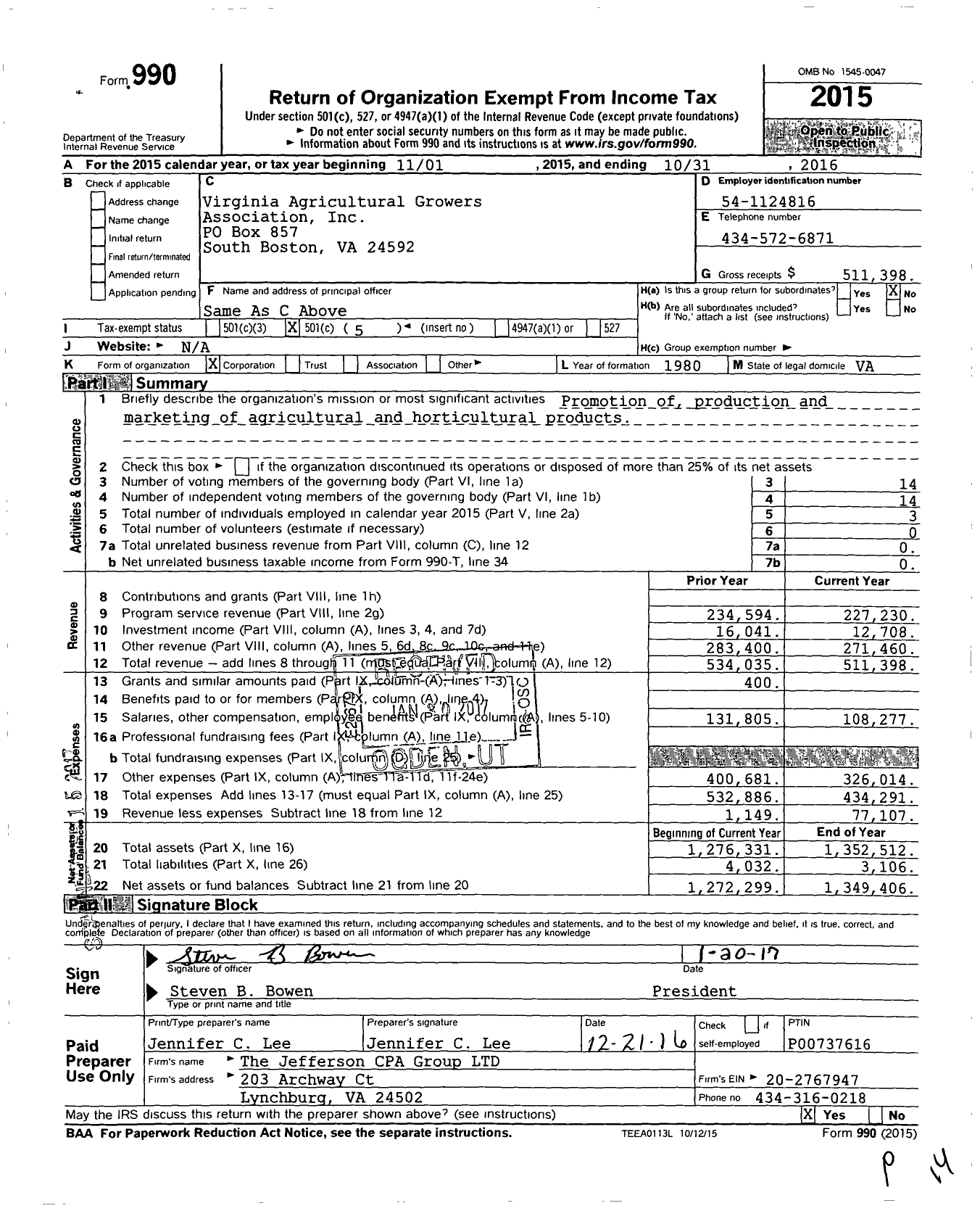 Image of first page of 2015 Form 990O for Virginia Agricultural Growers Association