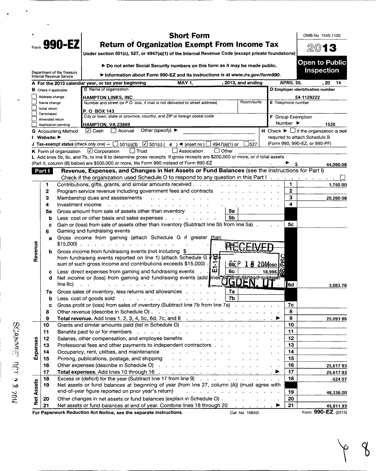 Image of first page of 2013 Form 990EO for Hampton VA Chapter of the LINKS