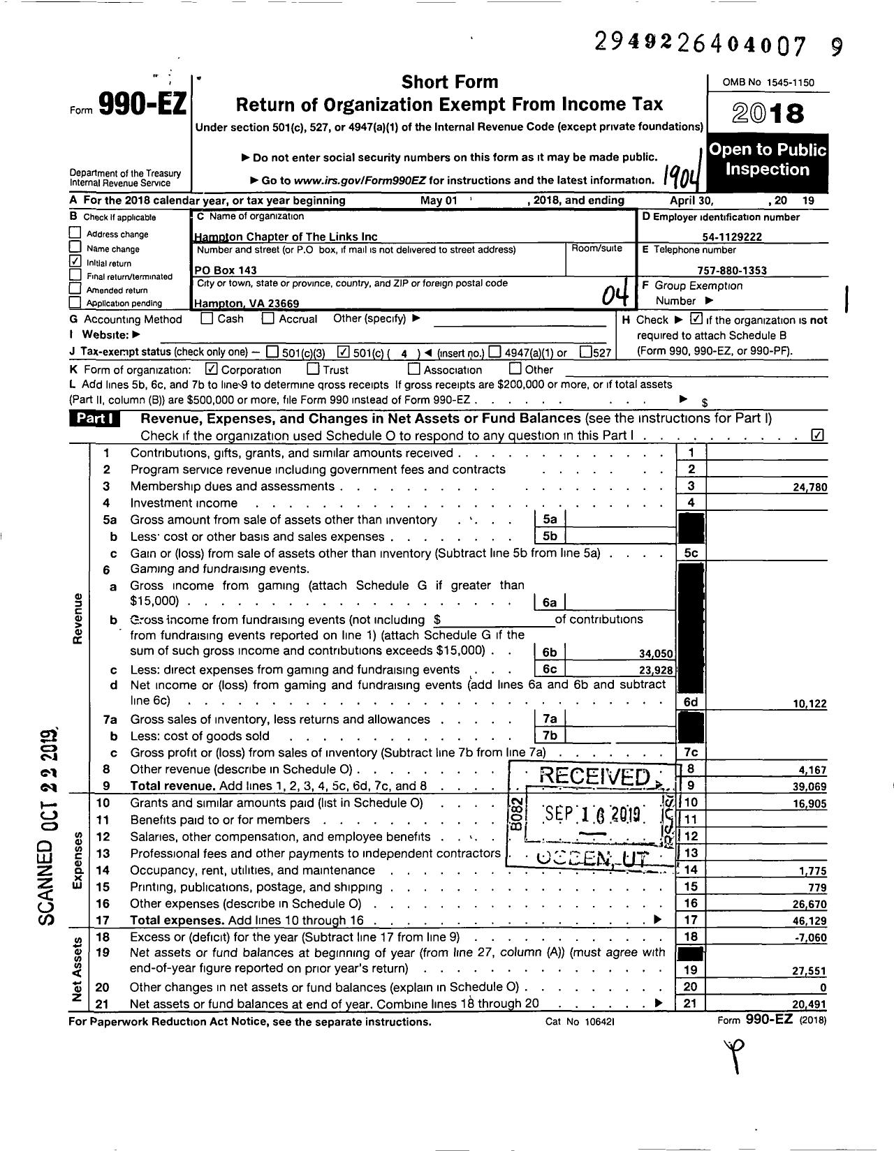 Image of first page of 2018 Form 990EO for Hampton VA Chapter of the LINKS