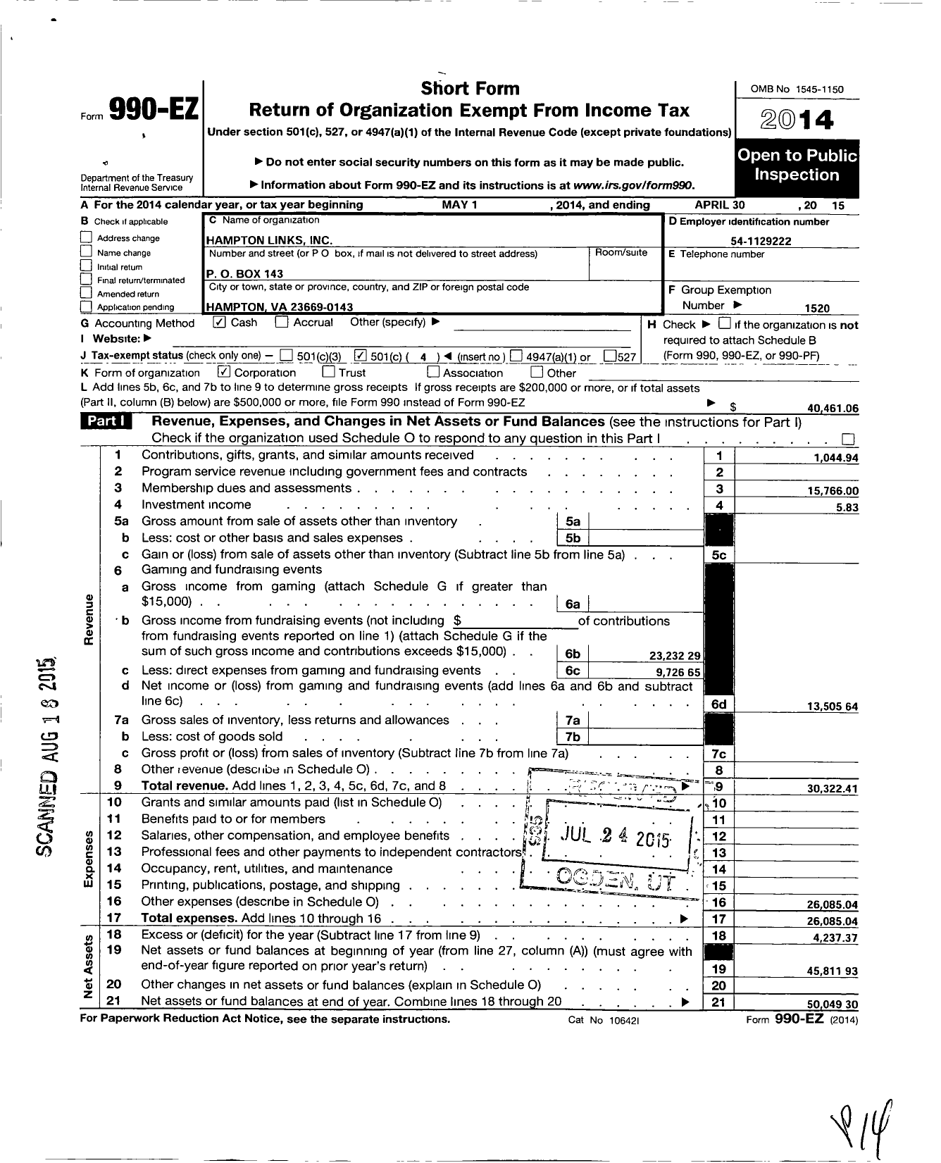 Image of first page of 2014 Form 990EO for Hampton VA Chapter of the LINKS