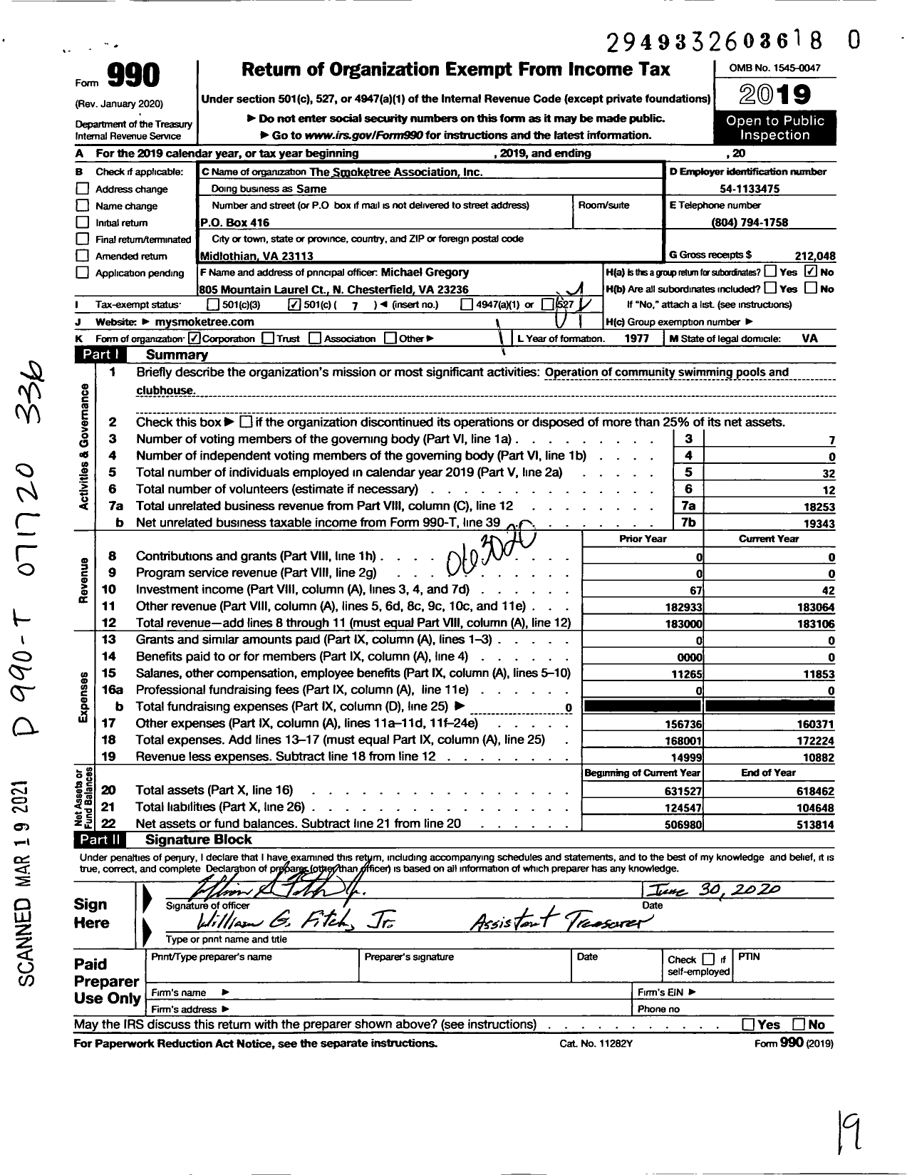 Image of first page of 2019 Form 990O for Smoketree Associaton